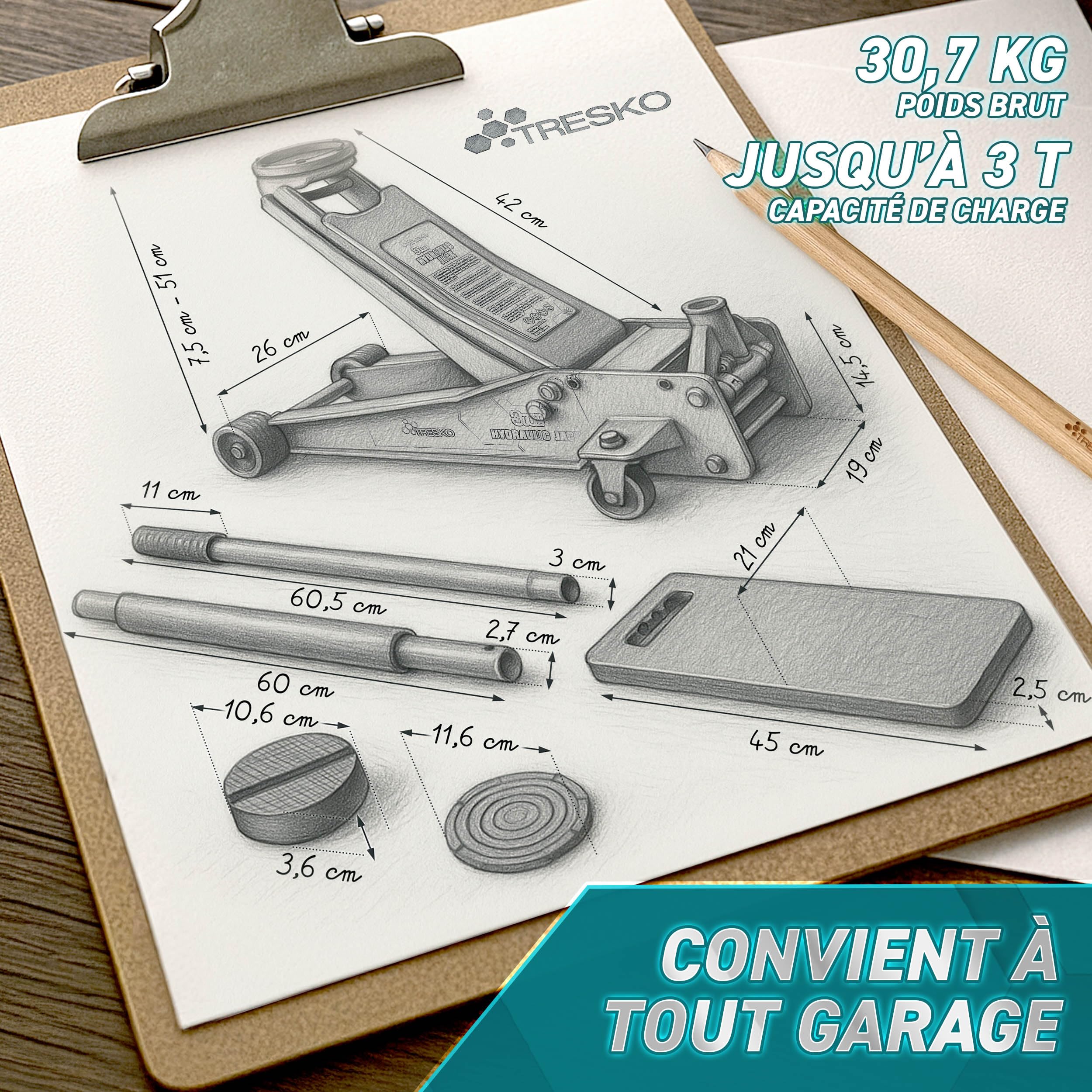 TRESKO Cric hydraulique 3 tonnes - Hauteur de levage 75-510 mm - Cric hydraulique plat avec double piston et roulettes à 360° - Avec 2 patins en caoutchouc, tapis de protection, gants et lame profilée