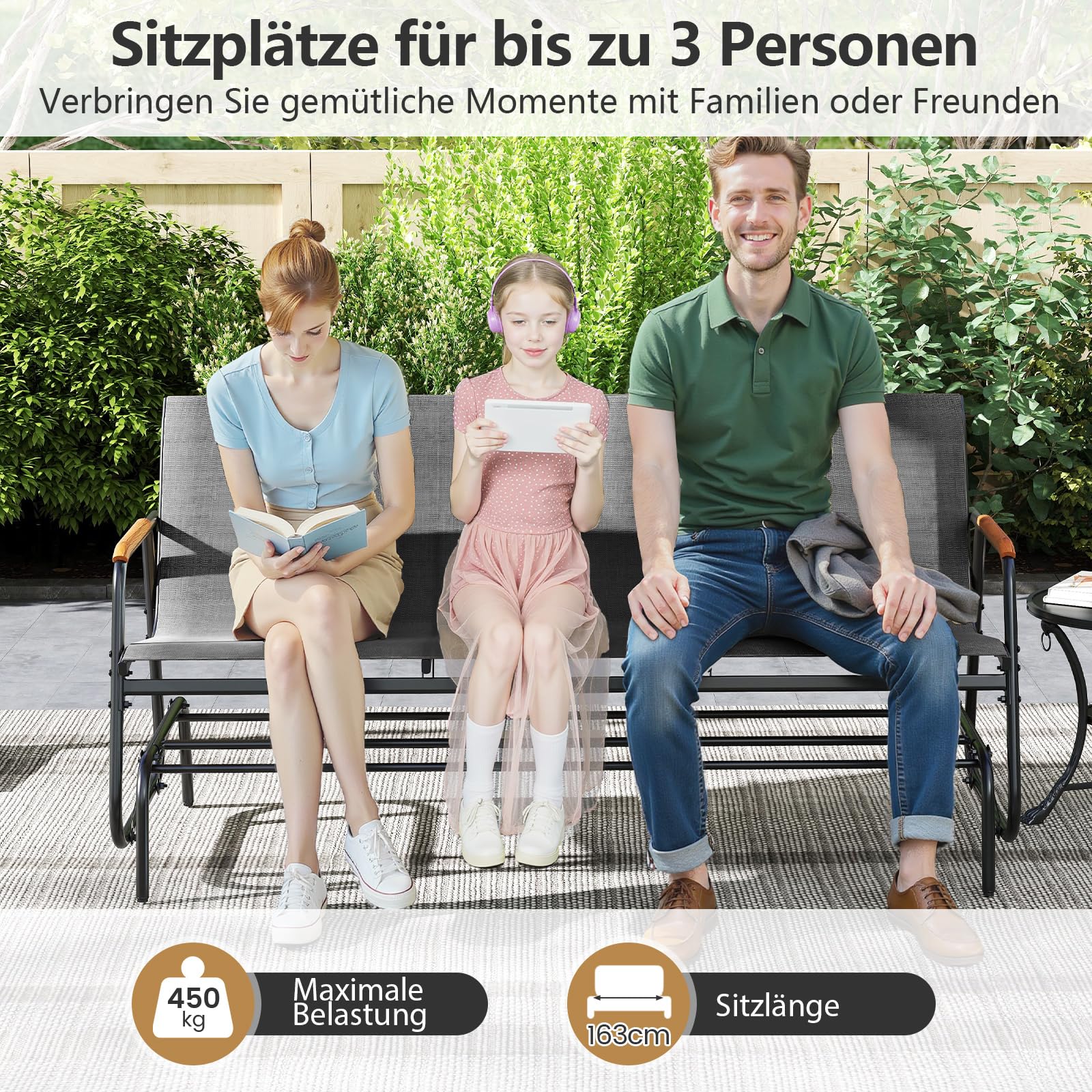 COSTWAY Gartenbank, 3-Sitzer Schaukelbank mit sanfter Gleitbewegung und atmungsaktivem Stoffsitz, Sitzbank bis 450 kg belastbar, Terrassenbank für Garten, Balkon, Terrasse