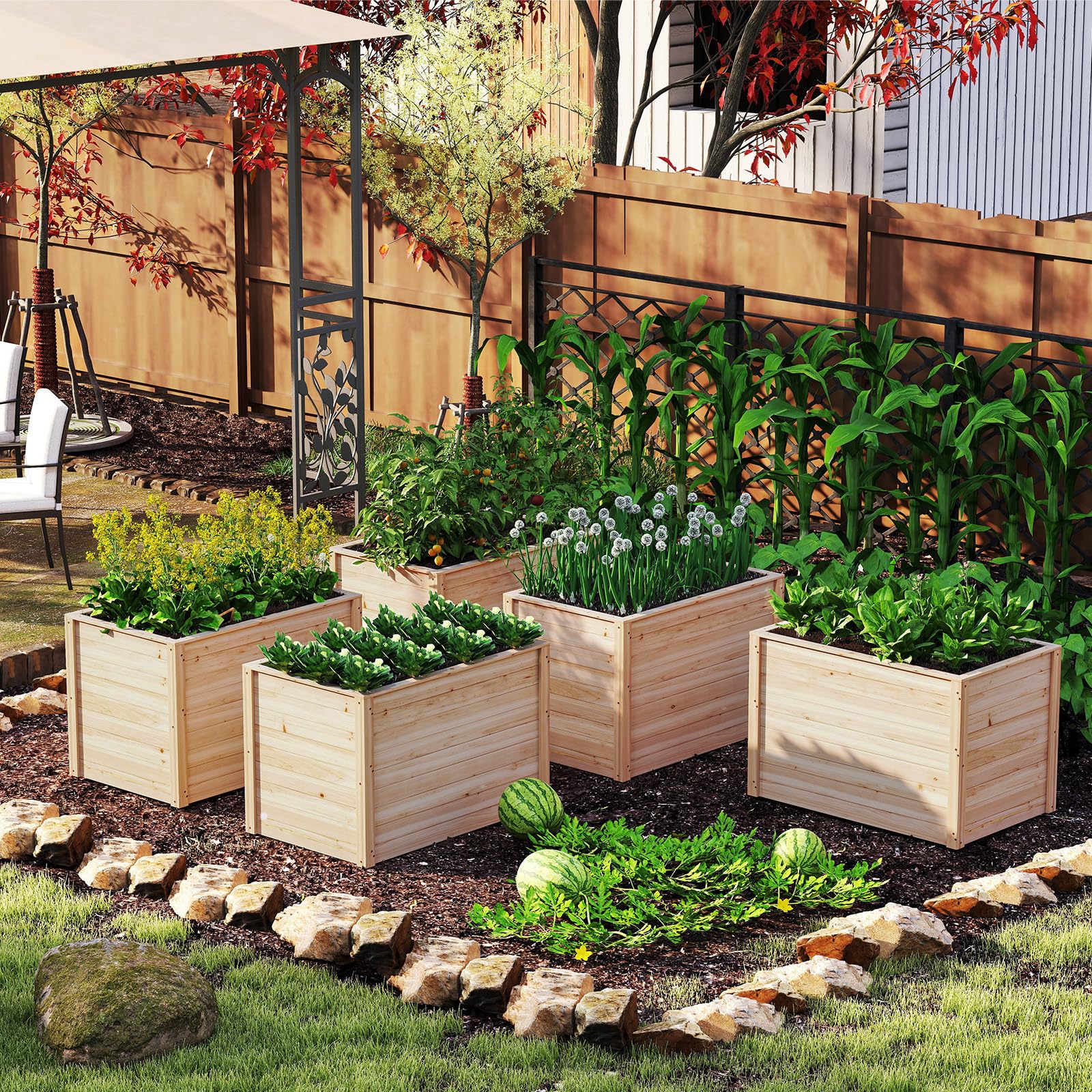 HOMASIS Vaso Rettangolare in Legno di Abete, Orto Rialzato da Esterno con Base Aperta, Fioriera Rialzata da Giardino, Balcone o Terrazza per Fiori, Erbe, Frutta e Verdura, 100 x 64 x 65,5 cm, Naturale
