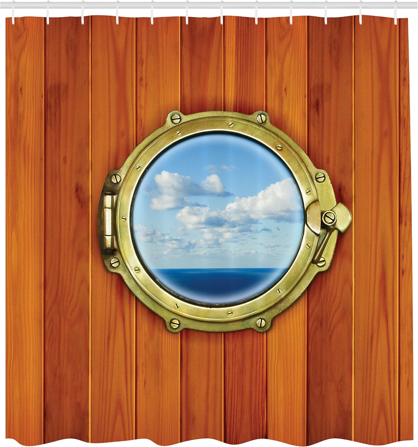 Ambesonne Nautical Shower Curtain, Porthole Wooden Background Window Ship Old Sailing Vessel Print, Cloth Fabric Bathroom Decor Set with Hooks, 69" W x 75" L, Dark Orange Pale Blue