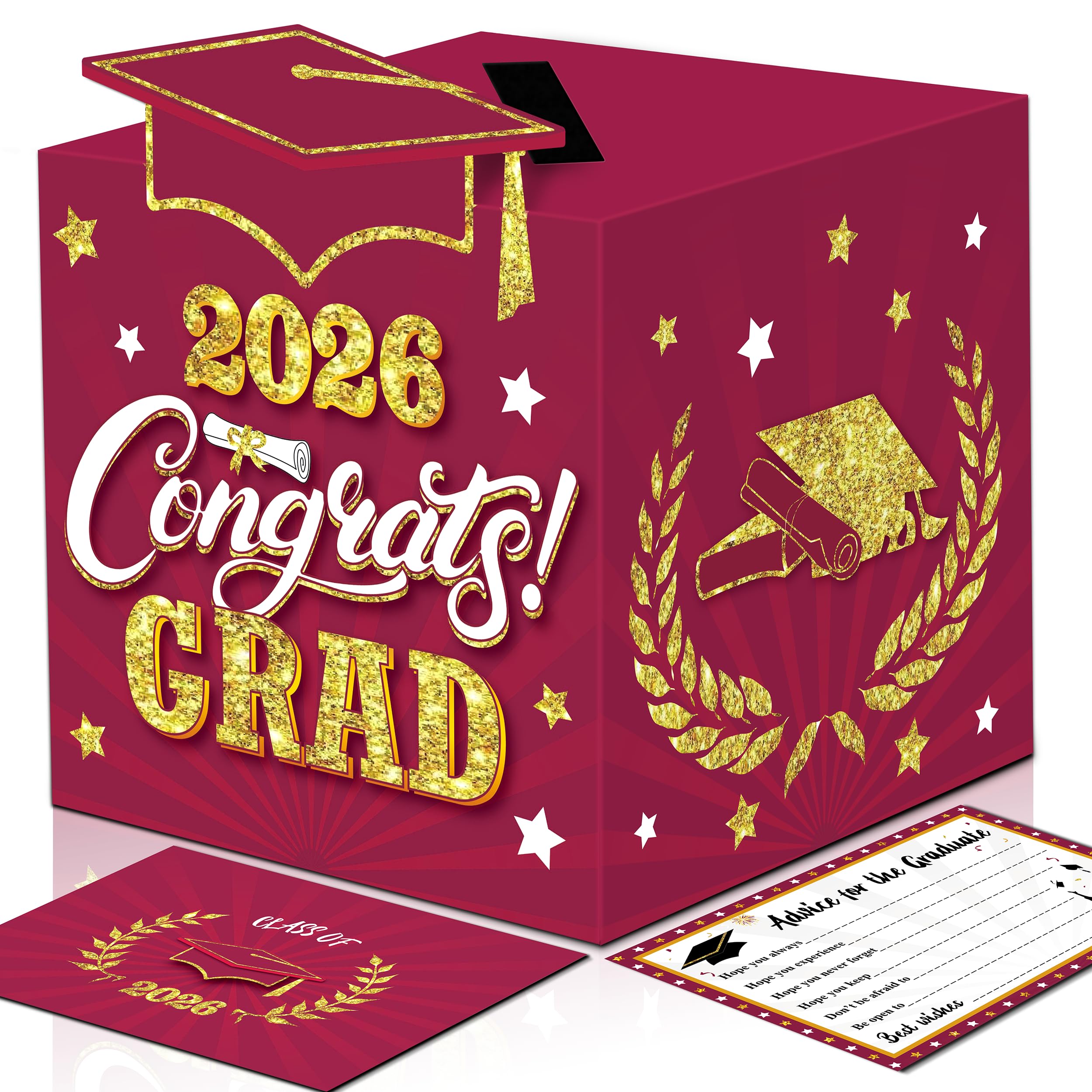Graduation Wish Cards with Maroon Card Holder Box - 36PCS Class Of 2026 Advice Cards and 2026 Congrats Grad Card Box for Graduation Party Supplies Decoration Maroon