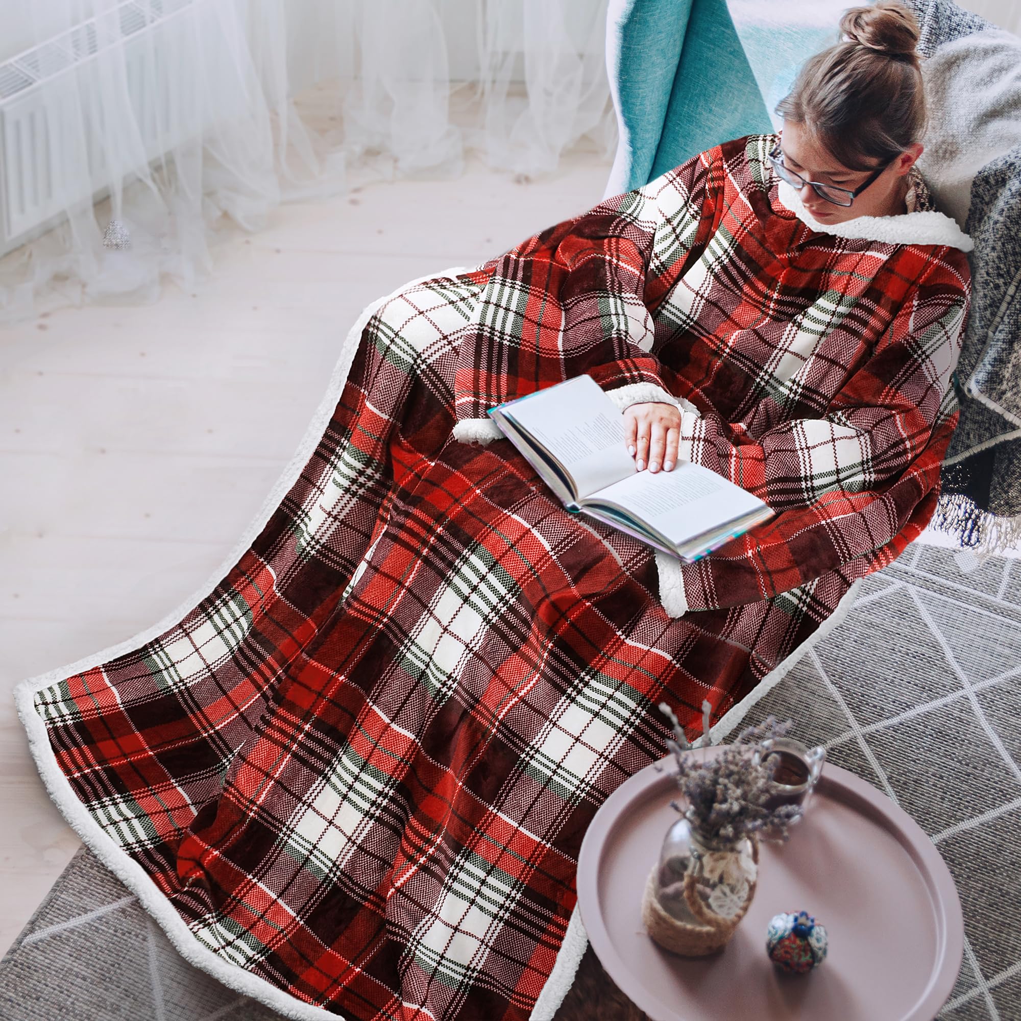 Catalonia Classy Sherpa Blanket with Sleeves, Brown Warm Micro Plush Sofa Fleece Blanket, Fluffy Wrap Throw Blanket, for Adult Women Men 183cm x 140cm (72" x 55”) by Catalonia, Red Plaid