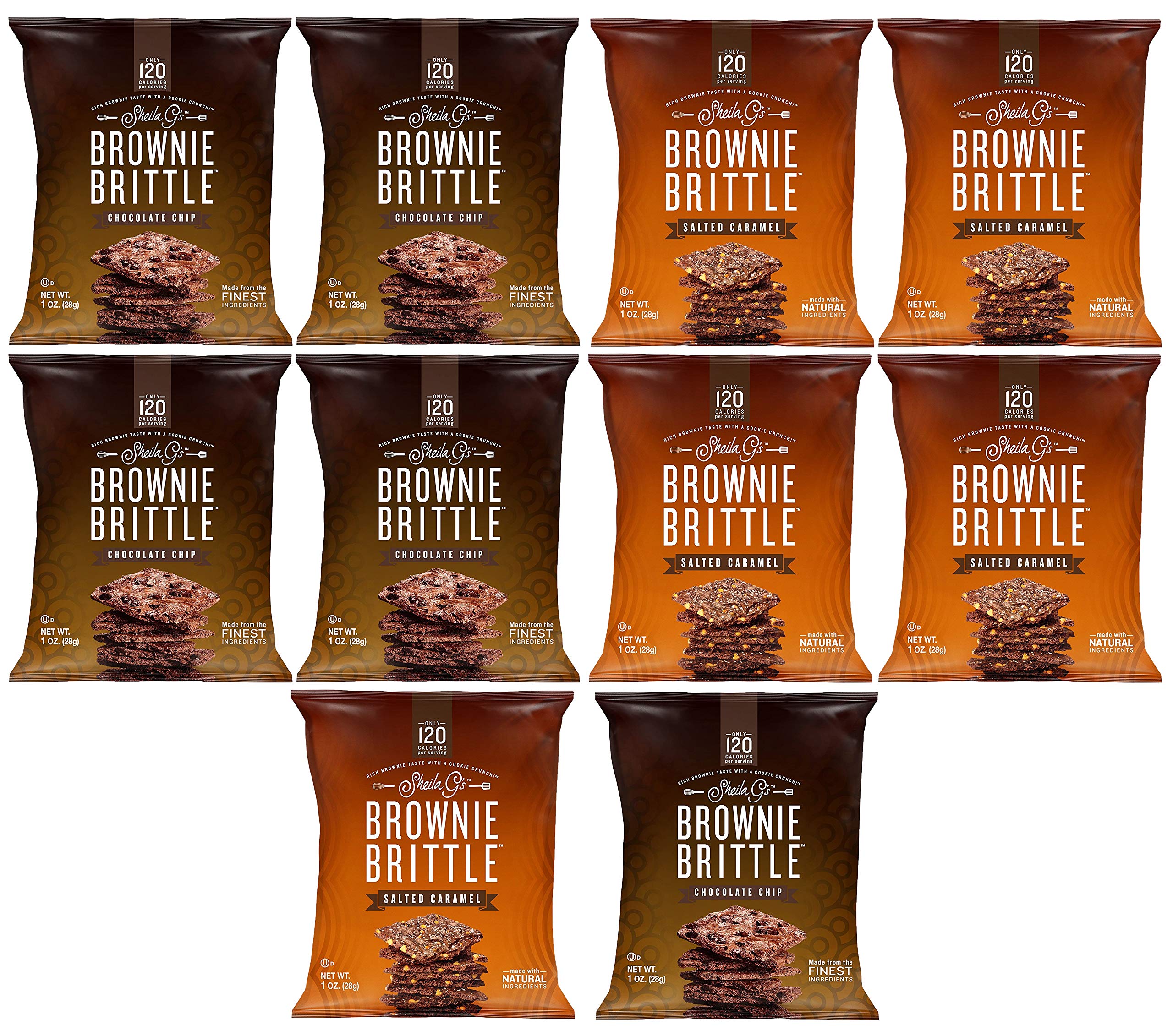 Brownie Brittle, Salted Caramel & Chocolate Chip Variety Pack, 1 Oz Bag, The Unbelievably Delicious Chocolate Brownie Snack with Cookie Crunch (Chocolate Chip & Caramel, 10 Pack)