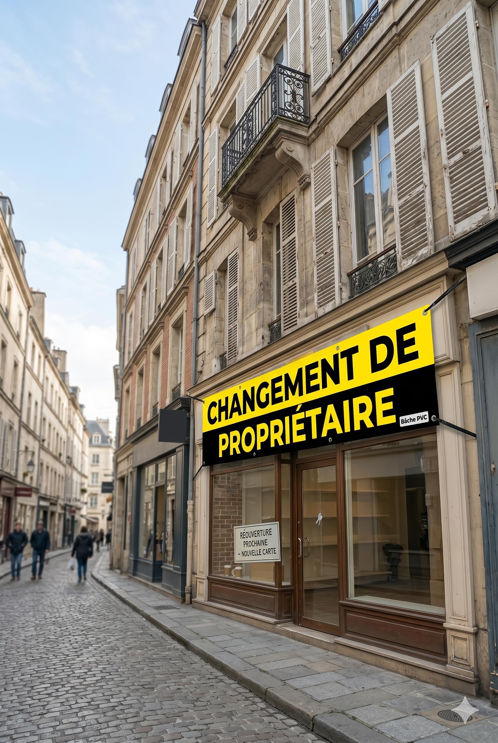 Bâche Publicitaire "Changement de Propriétaire" – 510g/m² Haute Résistance – Banderole Extérieure Jaune et Noir avec Œillets – Idéal Commerce, Restaurant et Boutique 3m*0.65m