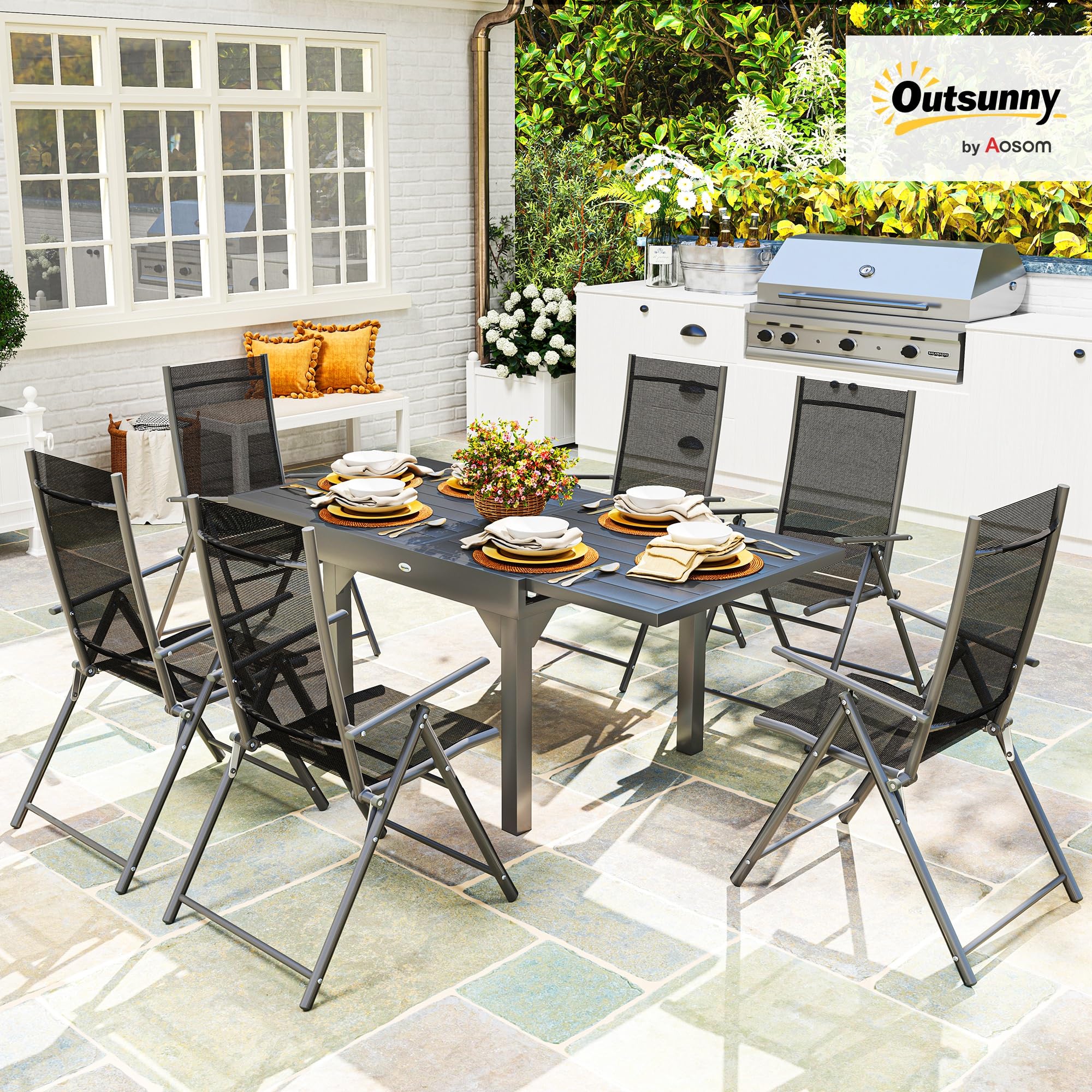 Outsunny Set Tavolo da Giardino con Sedie da 7 Pezzi 90/180cm Grigio e Nero | Set da Pranzo, Tavolo Allungabile, 6 Sedie da Esterno Pieghevoli con Braccioli, Mobili, Acciaio e Textilene