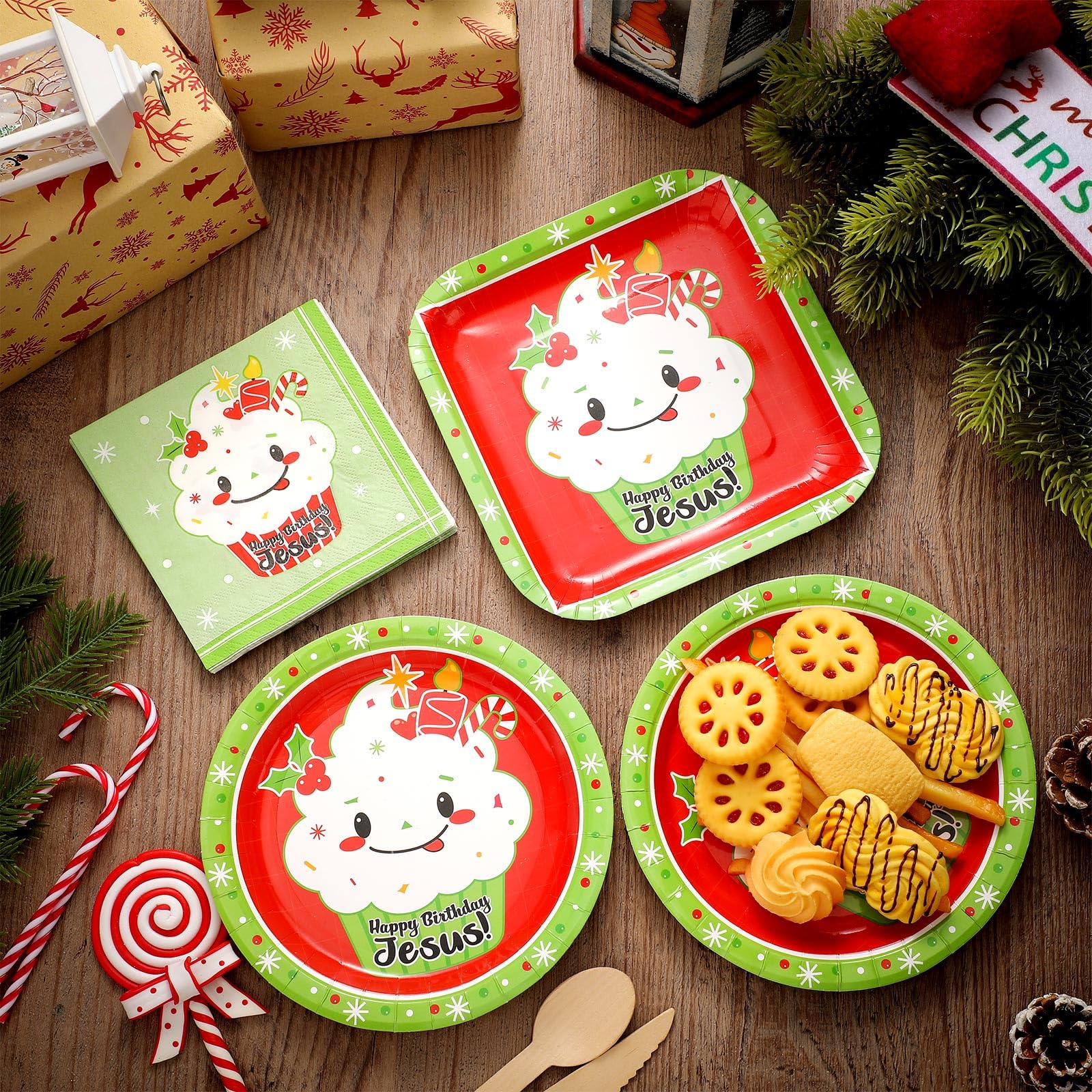 200 Stück Happy Birthday Jesus Party Geschirr-Set Einweg-Dinner-Party-Set 30 quadratisch 30 runde Happy Birthday Jesus Cupcake Pappteller 140 Cupcake Servietten für Weihnachten Jesus Party Supplies