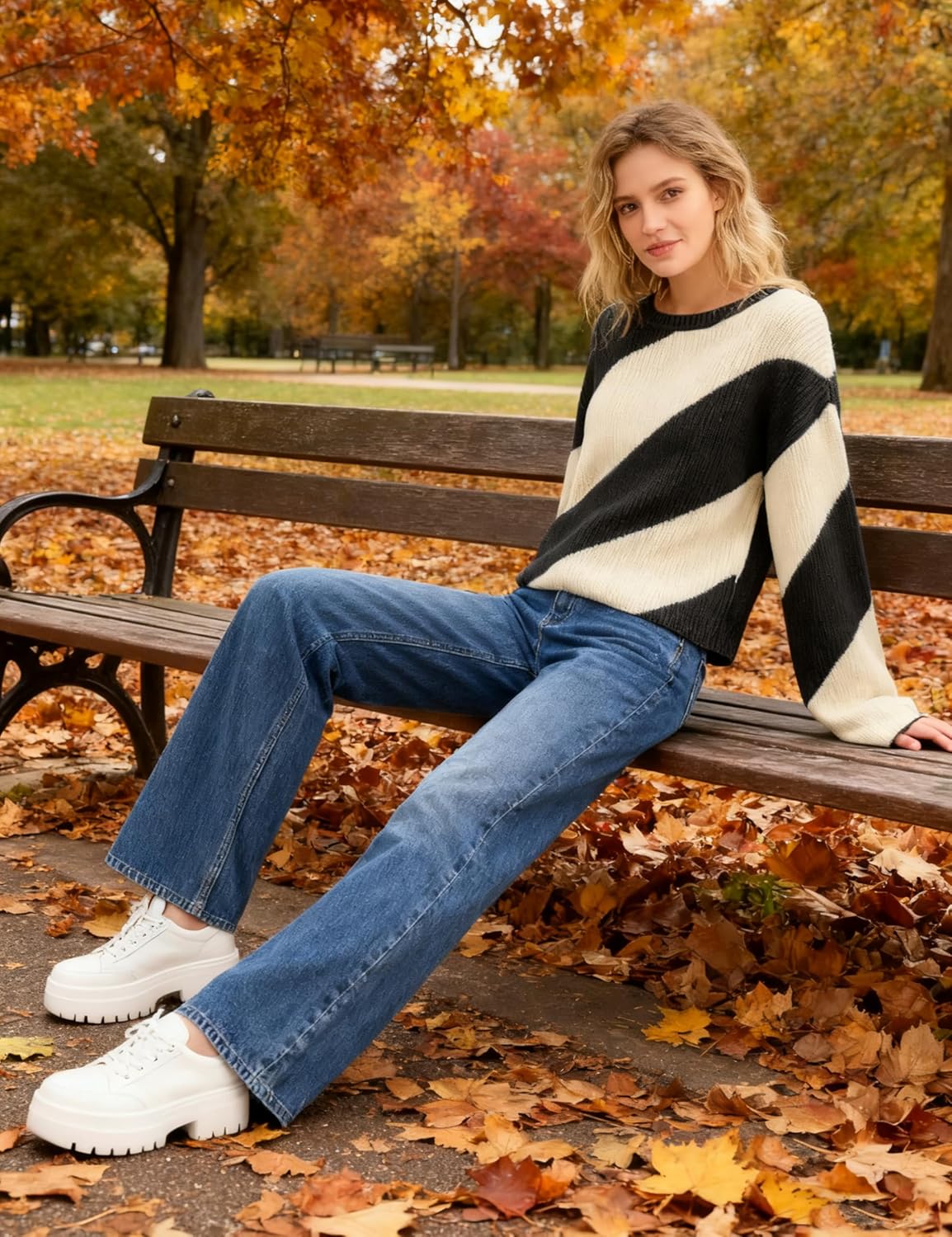 Tanming Womens Wide Striped Sweater Oversized Color Block Crew Neck Loose Sleeves Fall Knit Pullover Tops - Image 6