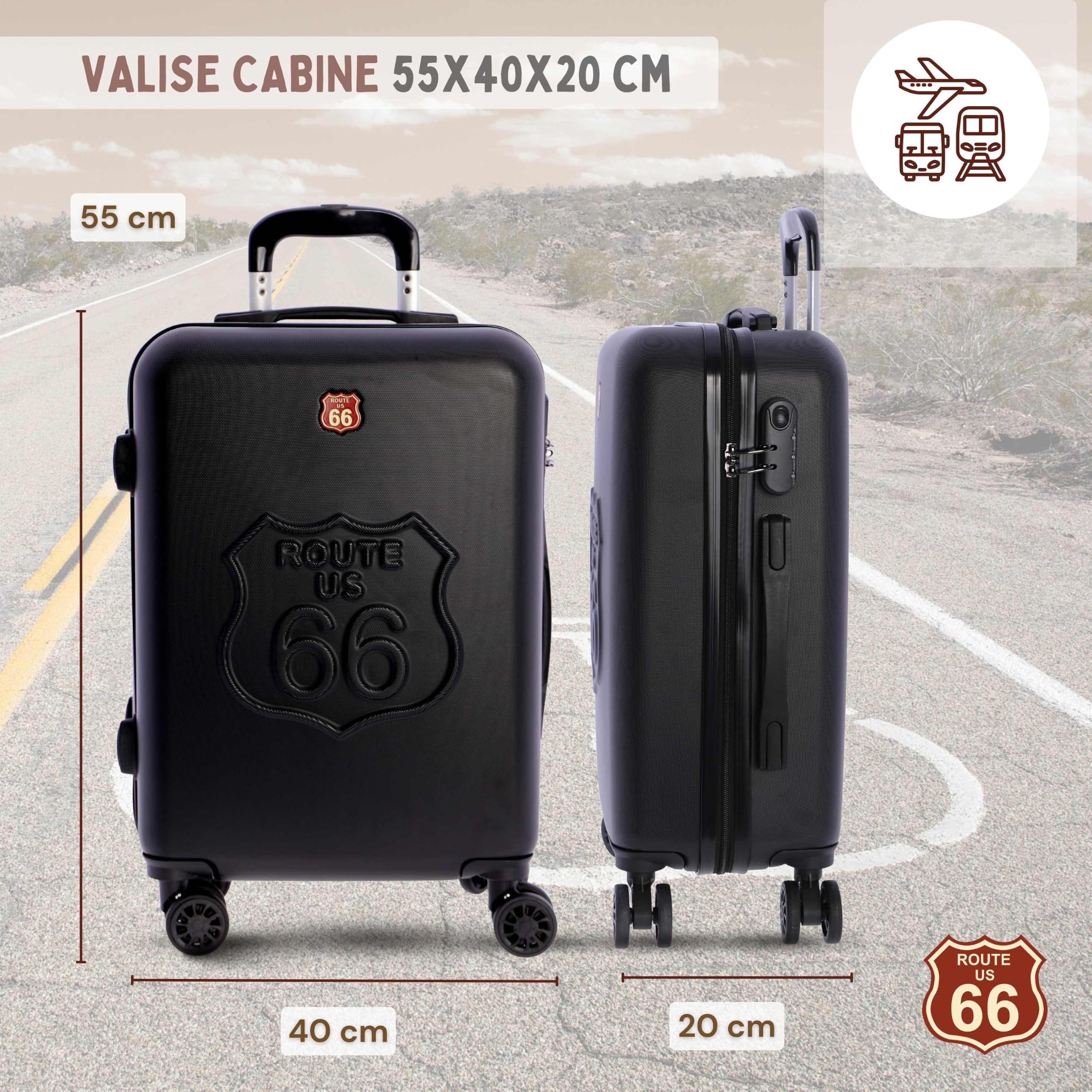 Route 66 - Walizka kabinowa 55x40x20 sztywny ABS 4 koła - bagaż samolotowy | Lekka twarda walizka, bagaż podręczny Ryanair, walizka na 4 kółkach, torba kabinowa samolotu, walizka podróżna na kółkach