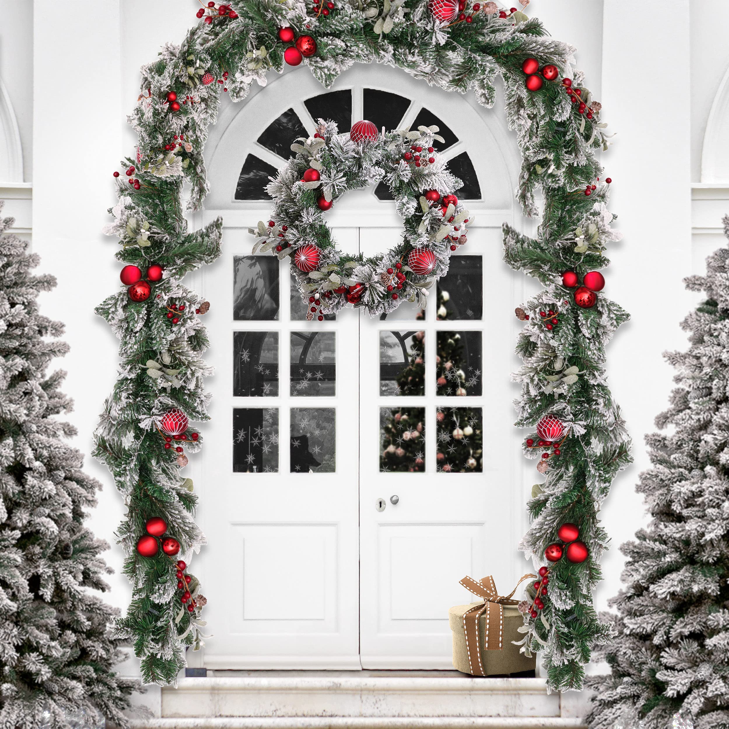 Valery Madelyn 6ft/183cm Pre-Lit Guirnalda de Navidad, Rojo Blanco 20 Luces LED 8 Modos, Base de Ratánl, Adornos de Bolas, Bayas, Decoración de Navidad para Hogar, Ventana, Puerta, Pared (Tradicional)