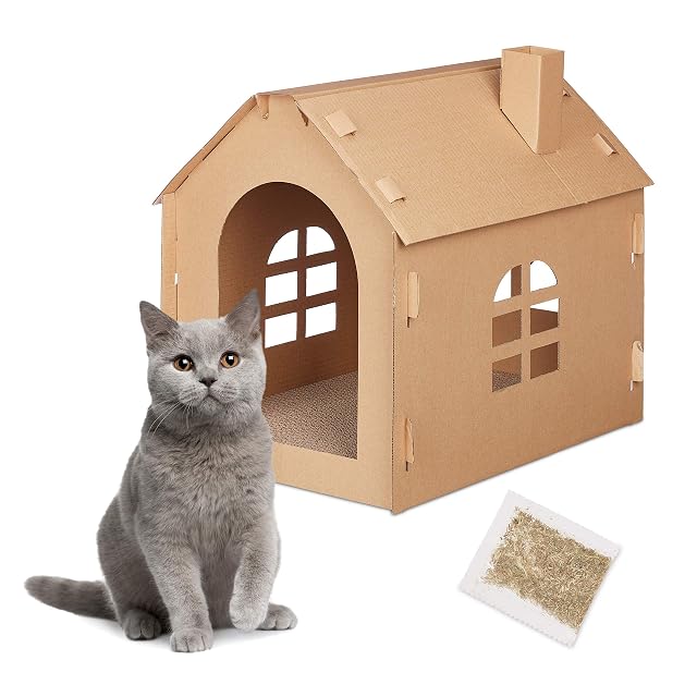 Relaxdays Casa Gatos Cartón, Cueva Felinos Rascador, para Montar, Incluye Hierba para Gatos