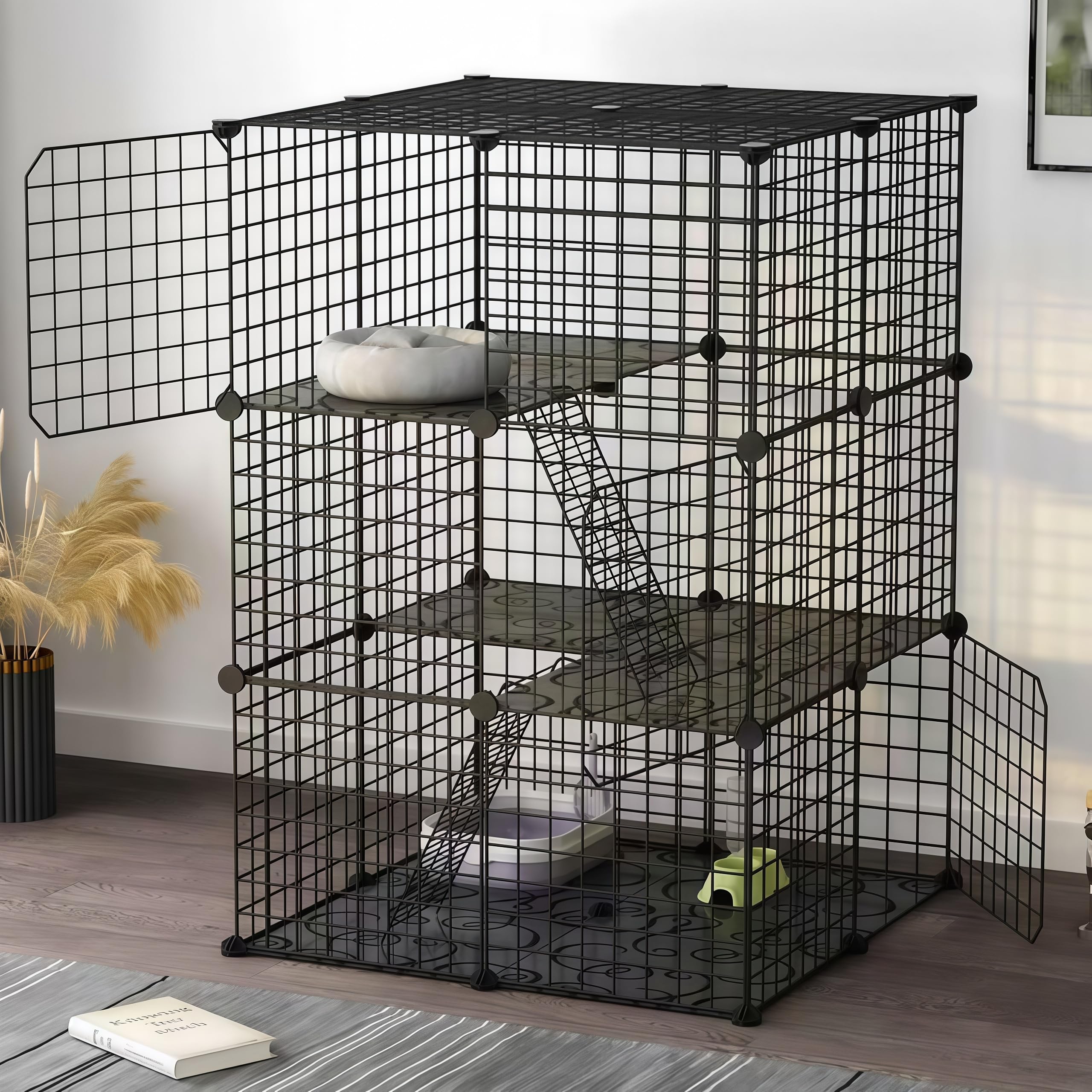 Enclos pour Chat d'intérieur à Monter soi-même, Cage Amovible en Fil métallique 70 x 70 x 105 cm, 3 Niveaux, Noir
