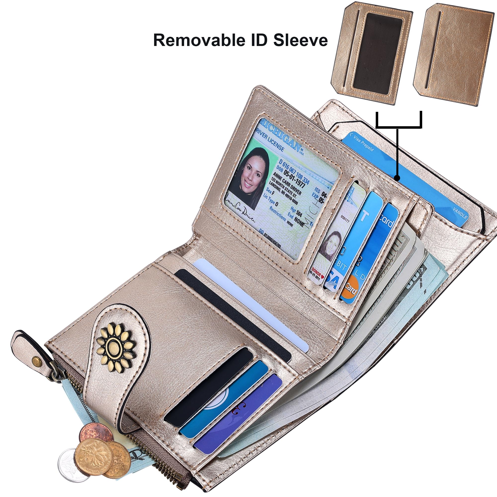 Lavemi Cartera de piel para mujer con bloqueo RFID, pequeño y compacto para tarjetas de crédito, para mujer, con bolsillo con cremallera para ventana de identificación