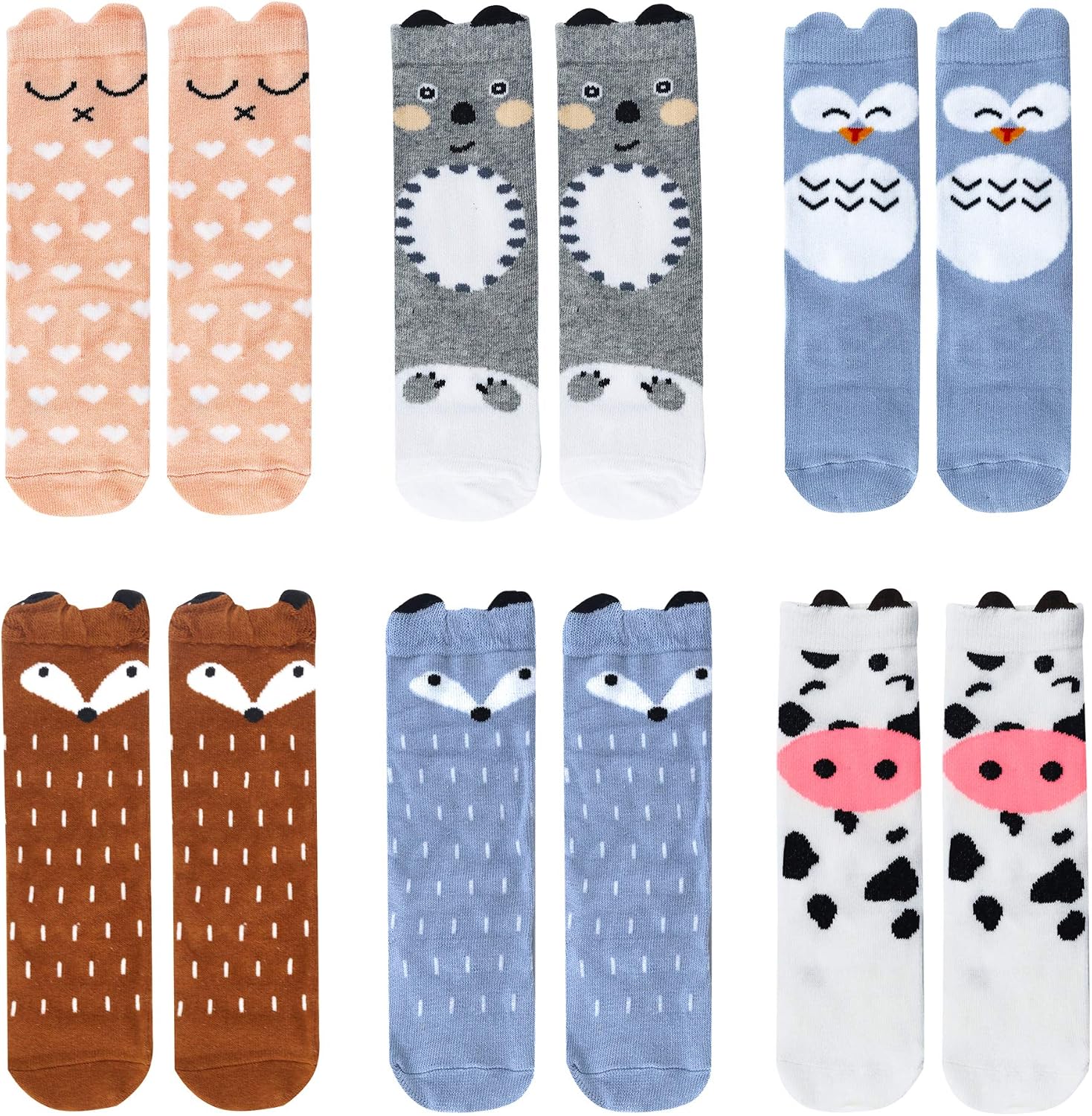 Bestjybt 6 Pairs Unisex Baby Girls Boys Kids Toddler Socks Knee High Socks Cat Fox Bear Animal Baby Stockings