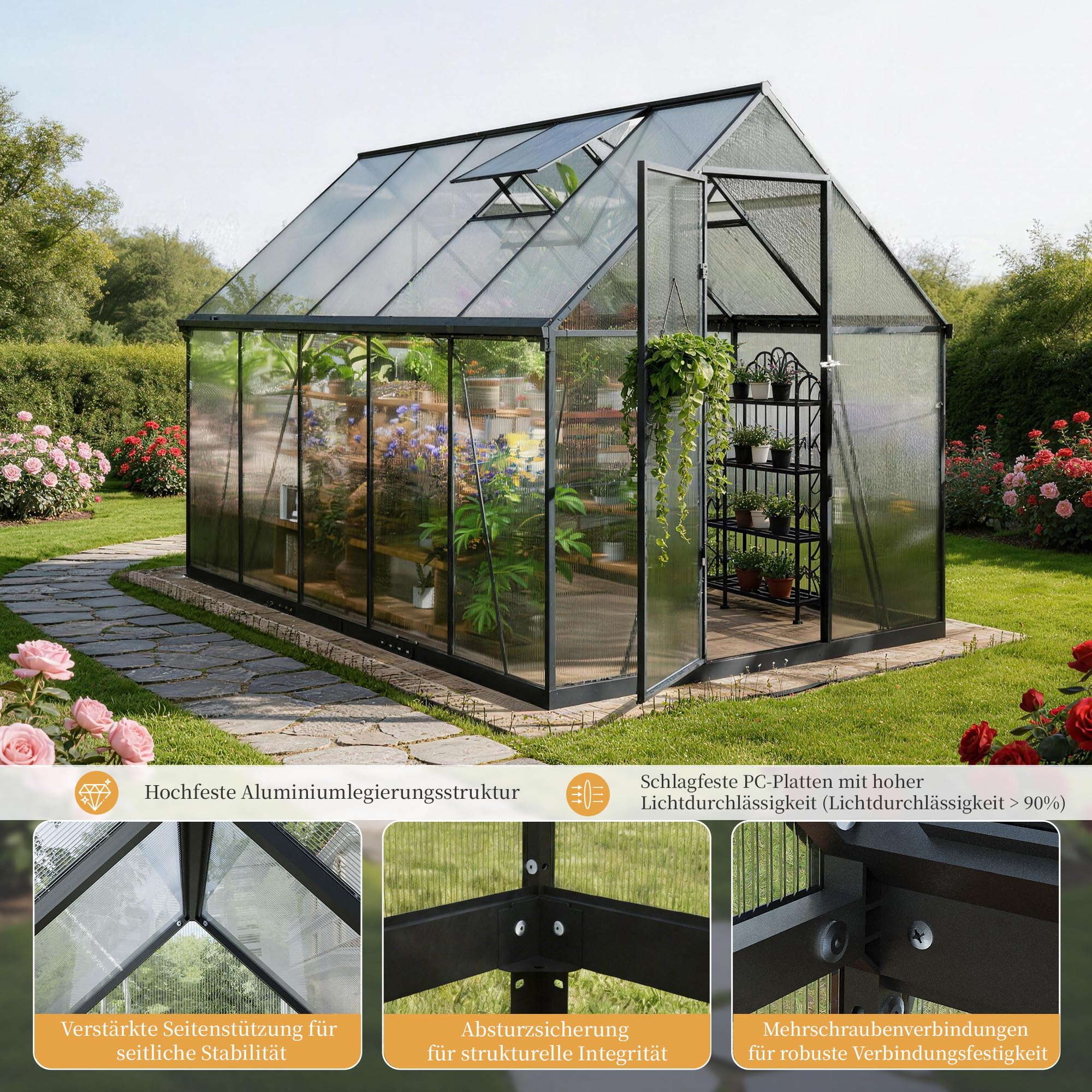 2026 Polycarbonat Gewächshaus Schwarz 281x175x195, Aluminiumrahmen Garten & Terrasse Pflanzenhaus mit Lüftungsfenster, Regenrinnen, Stabil Alle Wetter, Winterfest Außengewächshaus, Tomatengewächshaus