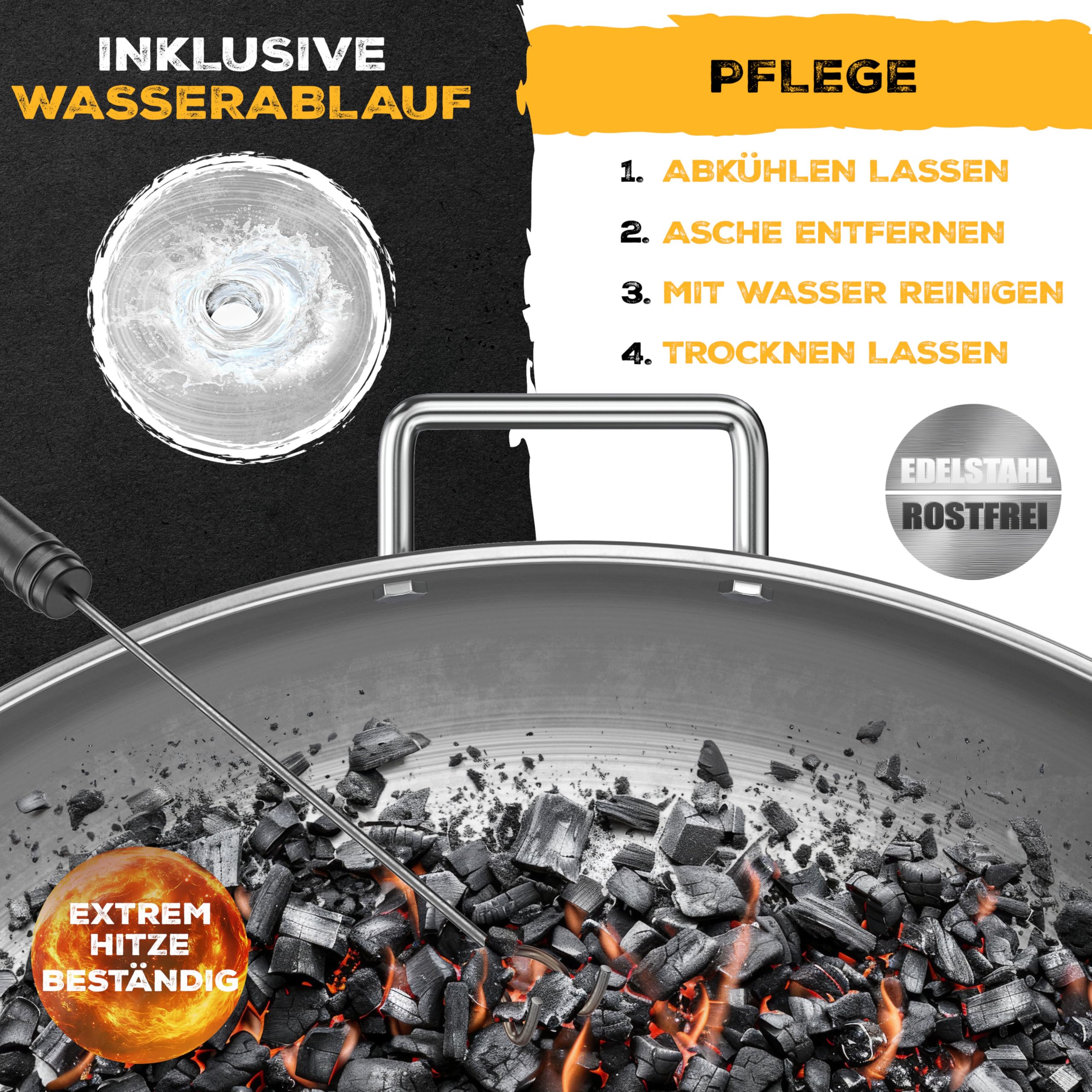 KESSER Braciere in acciaio inox 2,5 mm di spessore diametro 60 cm 42 cm gancio in ghisa 2 maniglie solide per falò, giardino e terrazza