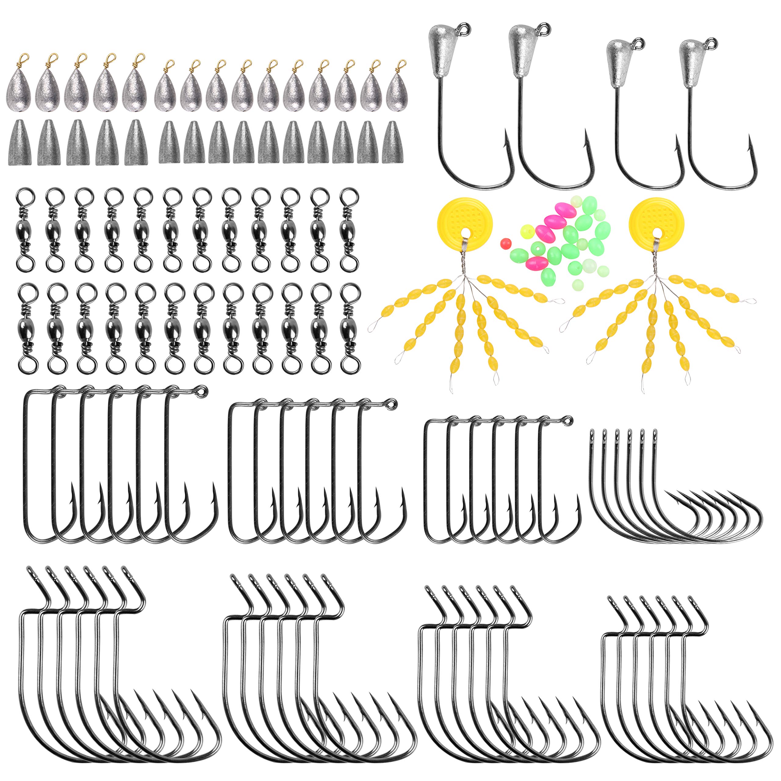 Bass Fishing Worm Hooks Kit, Fishing Accessories Tackle Box Includes Offset Texas Rig Hooks, Barrel Swivels, Jig Heads Hooks, Sinker Weights, Fishing Gear Kit for Saltwater Freshwater