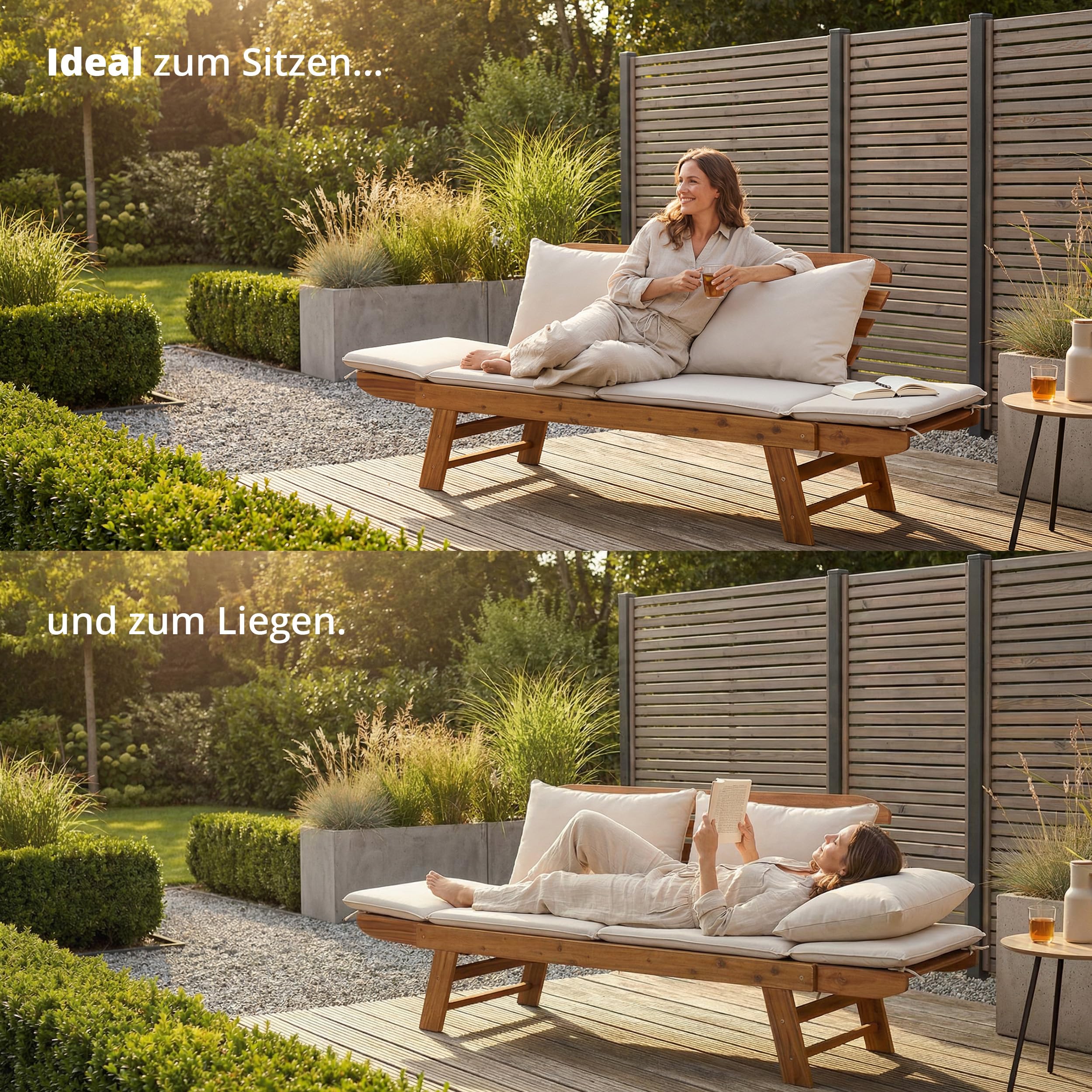 KHG Gartenbank Akazie geölt, Daybed, Sonnenliege, Lounge-Set Gestell Braun klappbar, abnehmbare Auflagen aus Polyester Hellgrau, wetterfest, 260 kg belastbar