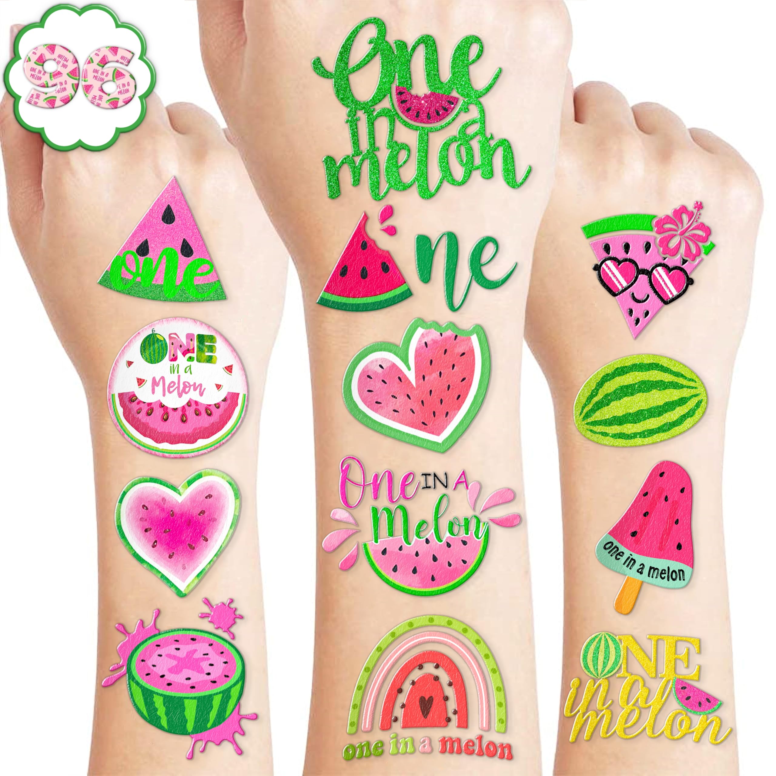 Melon Pre-Cut Temporary Tattoos 8 Sheets 96PCS Watermelon One First Party Decorations Supplies Favors First Summer Theme Birthday Stickers Christmas Gifts for Boys Girls Class School Prizes Carnival