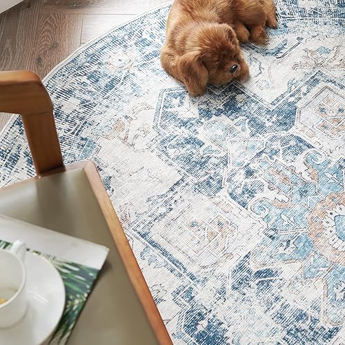 Miniatura 6 de jinchan Tapete redondo de felpilla de 5 pies, lavable, vintage para interiores, con estampado azul multi, desgastado, antideslizante para cocina,
