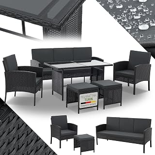 Juskys Gartenmöbel Set Polyrattan 6-teilig – Lounge Möbel Turin für 7 Personen mit Sesseln, Hockern, Tisch & Kissen, wetterfeste Balkonmöbel Sitzgruppe – Schwarz