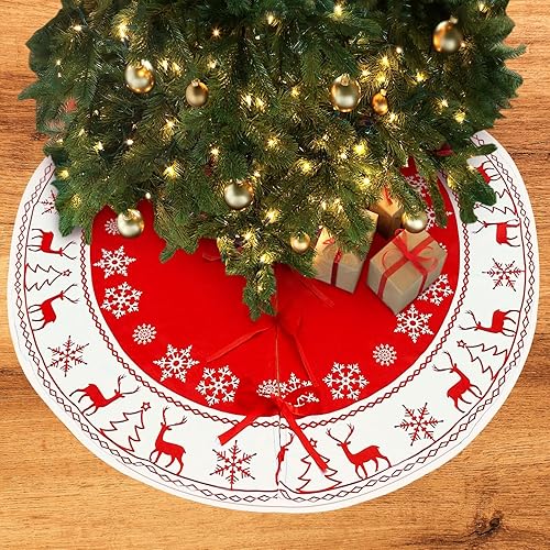 OurWarm Falda de árbol de Navidad de 48 pulgadas, faldas grandes para árbol de Navidad con patrón de copo de nieve y reno, tapete de árbol rojo y