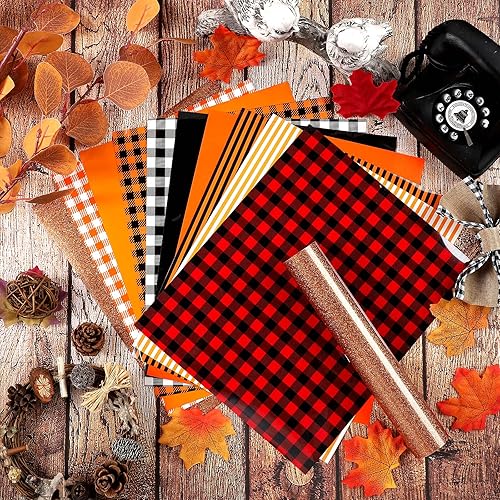 Miniatura 3 de 12 hojas de vinilo de transferencia de calor de otoño de 12 x 10 pulgadas, vinilo termotransferible con rayas de búfalo naranja, vinilos de prensa