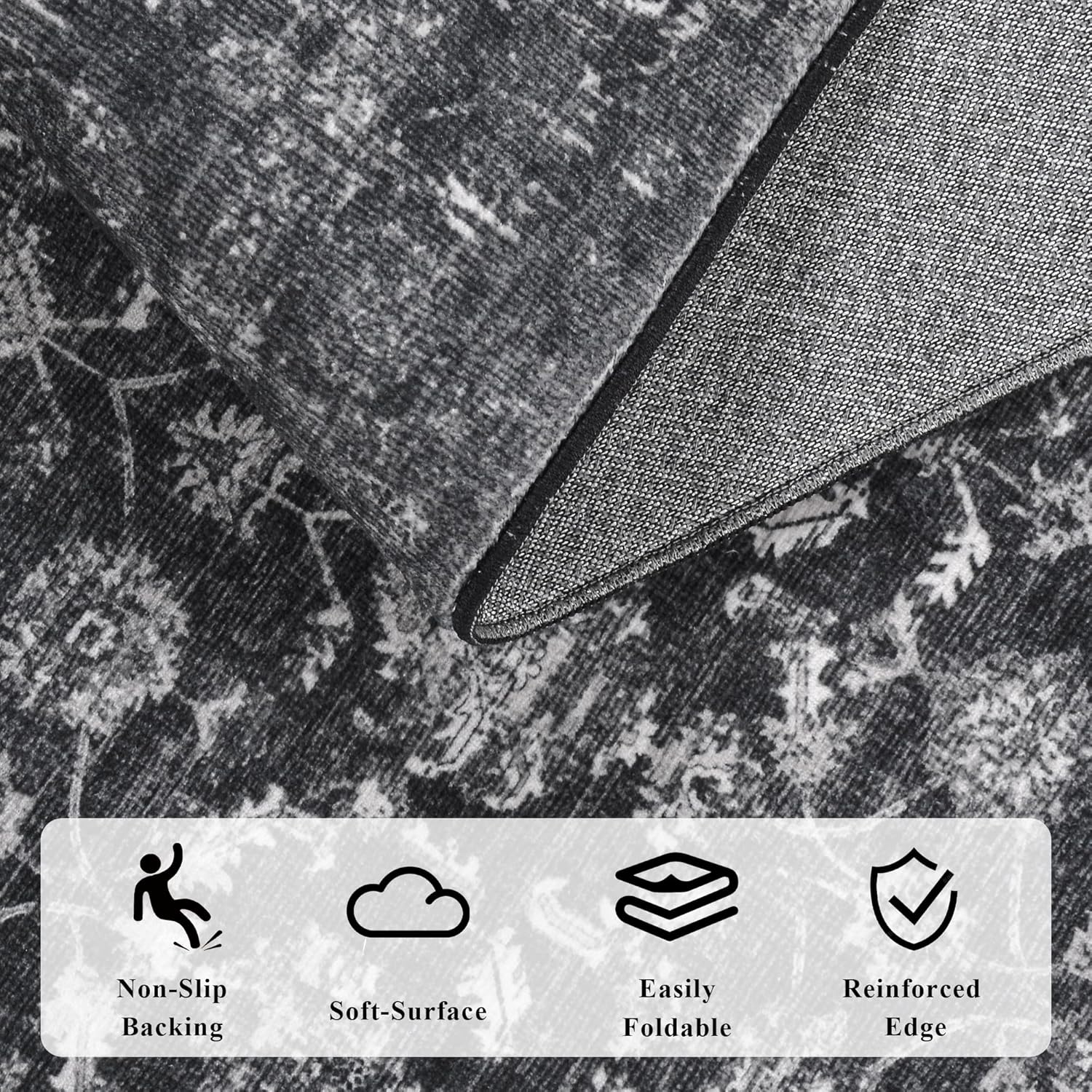 Washable Area Rug 2.6x8 Black Runner Rugs for Living Room, Vintage Boho Hallway Large Rug for Bedroom Dining Room Office, Distressed Floral Carpet for Under Table, Soft Non Slip Low Pile Throw Carpet