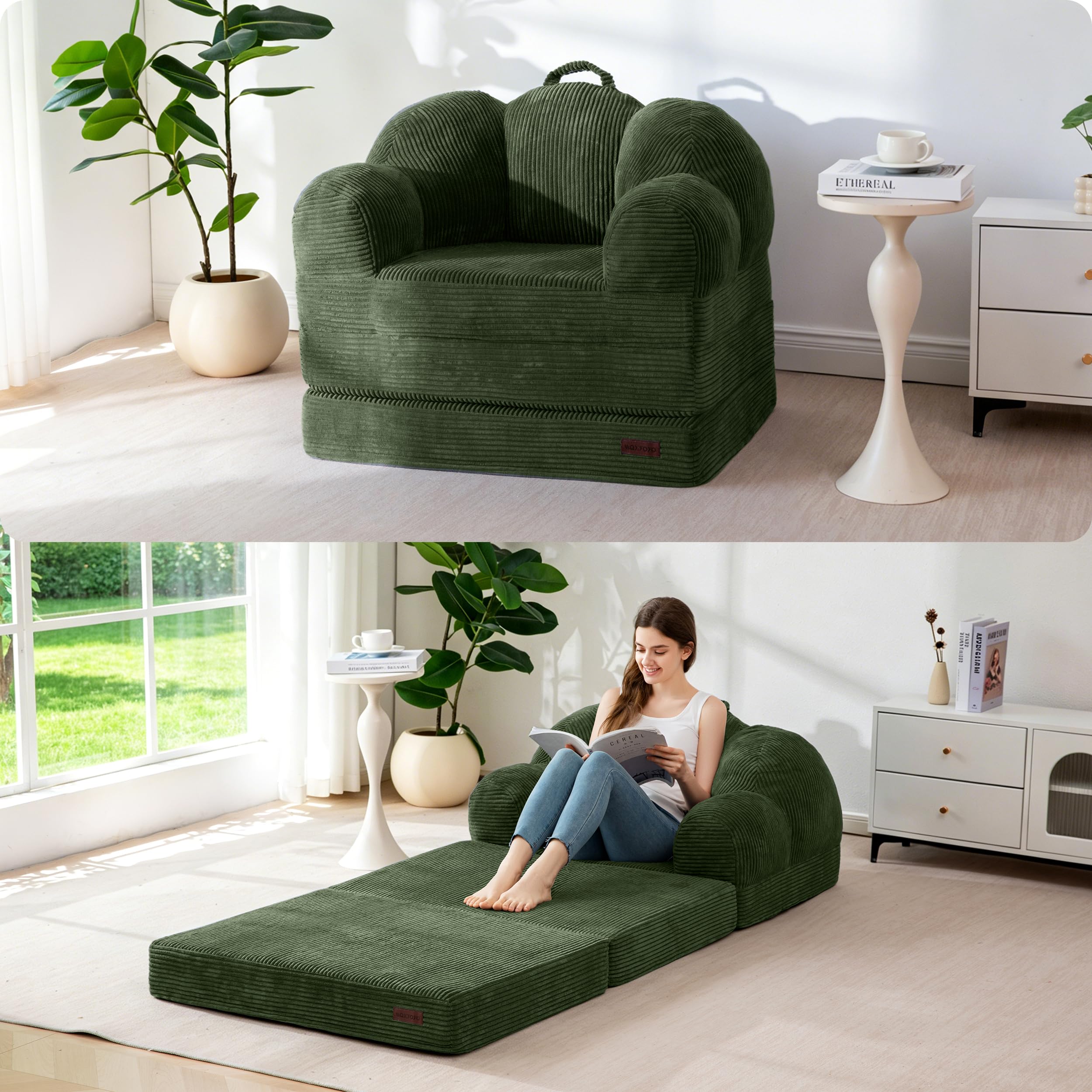 MAXYOYO Folding Sofa Bed with Backrest, Floral Shaped 2 in 1 Convertible Sofa to Comfy Faux Fur Bean Bag Chair for Adults, Floor Sleeper Couch Chair with Handle, Couch Bed for Bedroom & Living Room