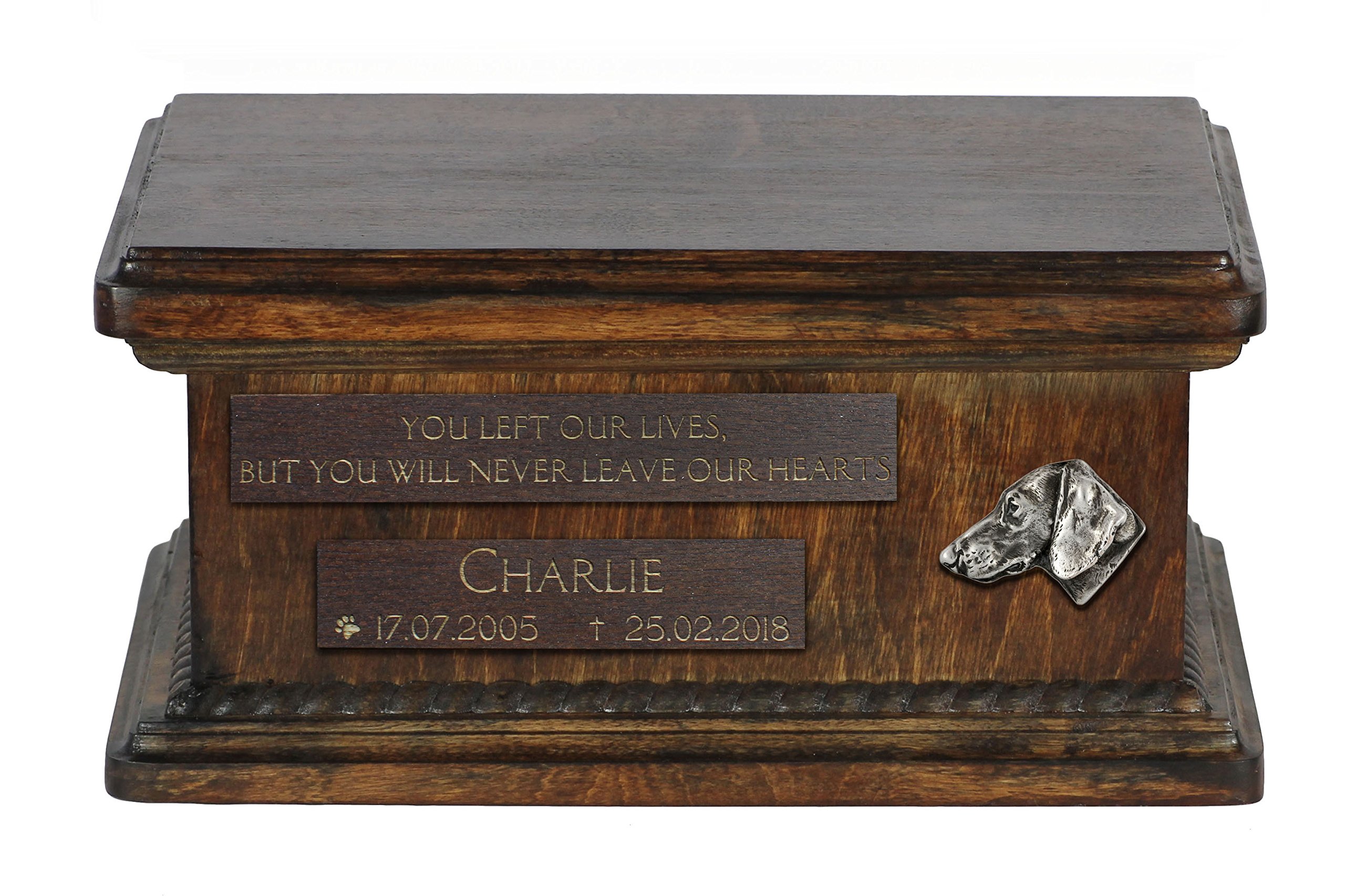 Urne pour cendres de chien au salon - Portrait Teckel en bronze