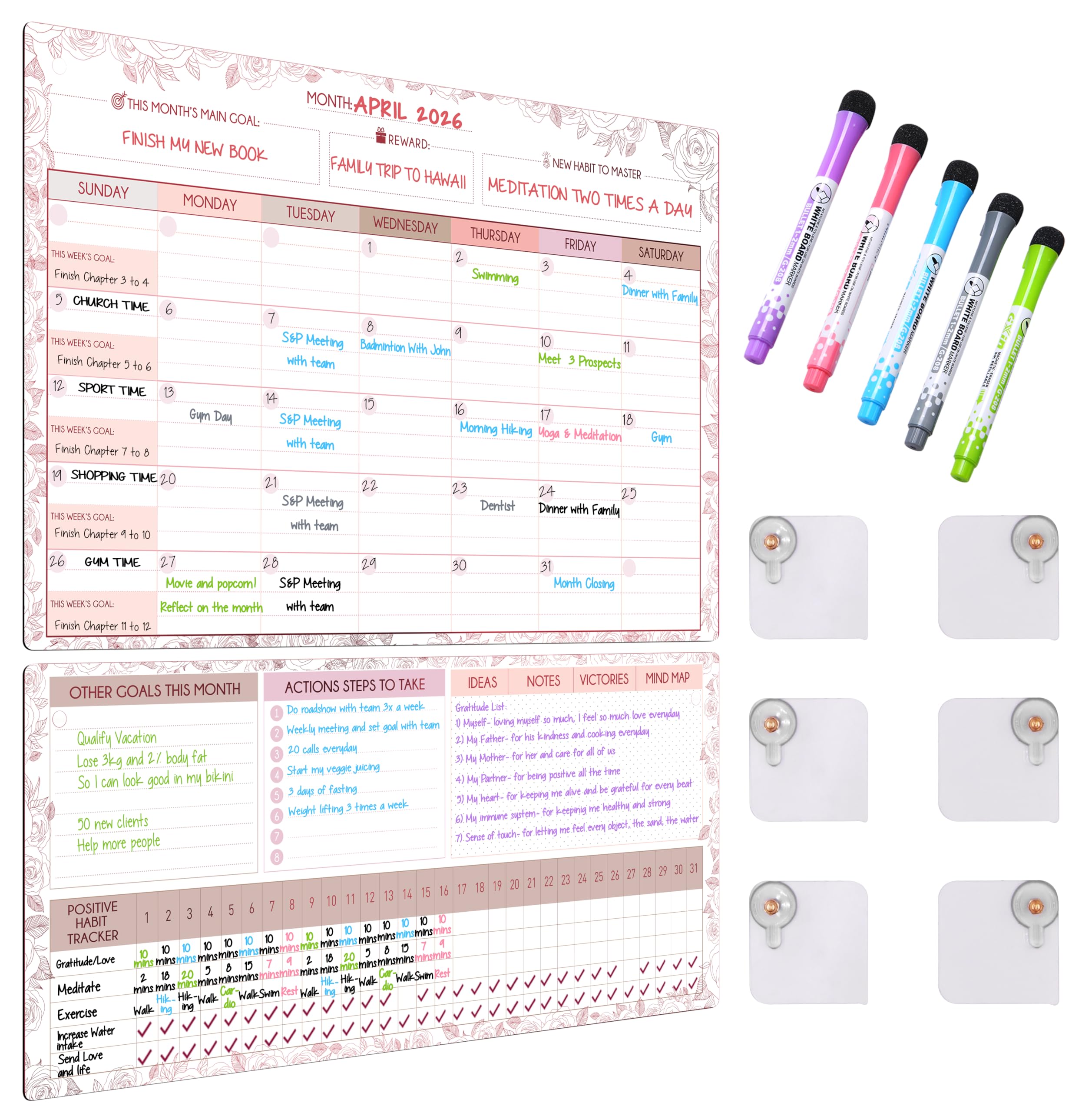 Magnetic Whiteboard for Fridge - Large Dry Erase Calendar for Wall | 3 Magnetic Dry Erase Board 10.5" x 16.5" & 7" x 16.5", Monthly Goal Setting &