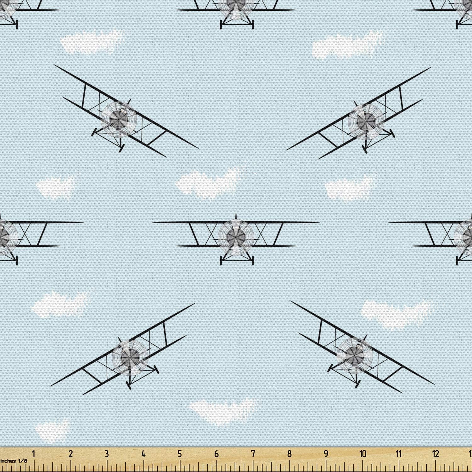 Ambesonne Airplane Fabric by The Yard, Old Aircraft Biplanes in Blue Sky Speedy Propellers Wings Retro Design, Decorative Fabric for Upholstery and Home Accents, 1 Yard, Pale Blue Black White