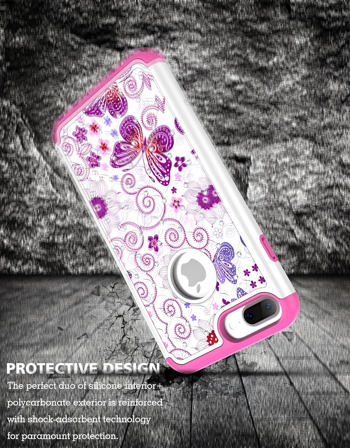 Style4U iPhone 8 Plus/iPhone 7 Plus Case, Beautiful Butterfly Shock Resistant Studded Rhinestone Crystal Bling Hybrid Armor Case Cover w/ 1 Stylus [White/Hot Pink]