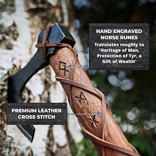 Miniatura 2 de Hacha de batalla vikinga a dos manos con cabeza barbuda Skegg de acero al carbono 1095, eje de madera de teca con runas nórdicas grabadas a mano -