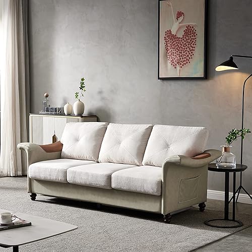 Harper & Bright Designs Sofá futón de 3 plazas con tela de lino, piel sintética, patas de madera maciza, sofá tapizado para sala de estar,