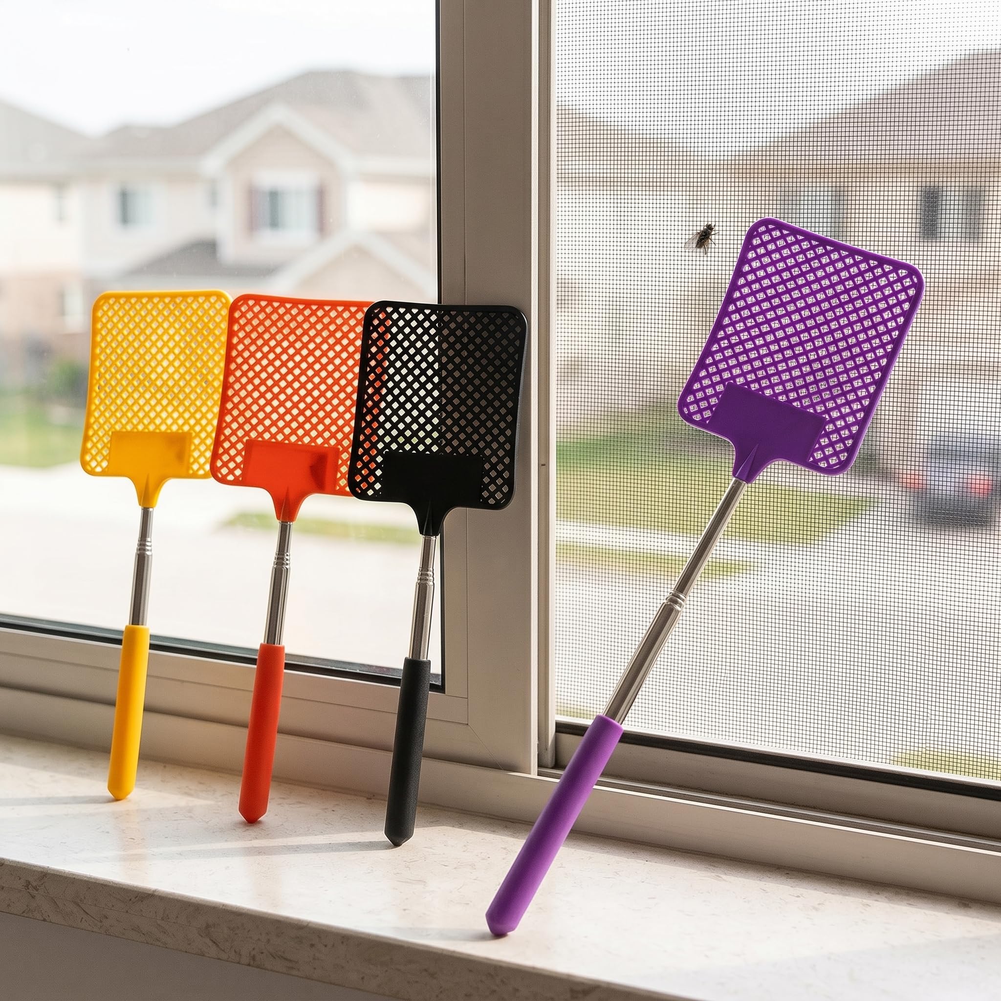 Scacciamosche telescopico Estensibile 4 Pezzi swatter zanzare Insetti a Mano 27.5-76 cm Colori Assortiti Uso Interno Esterno casa Ufficio Viaggio