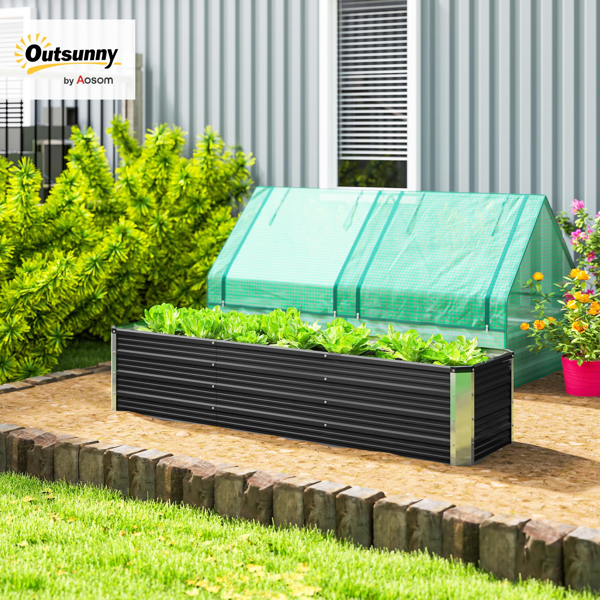 Outsunny Jardinière surélevée en Acier avec Gants 183x47x40 cm Gris | Lit de Jardin, Carré Potager de Jardin pour Fleurs, Herbes, Légumes