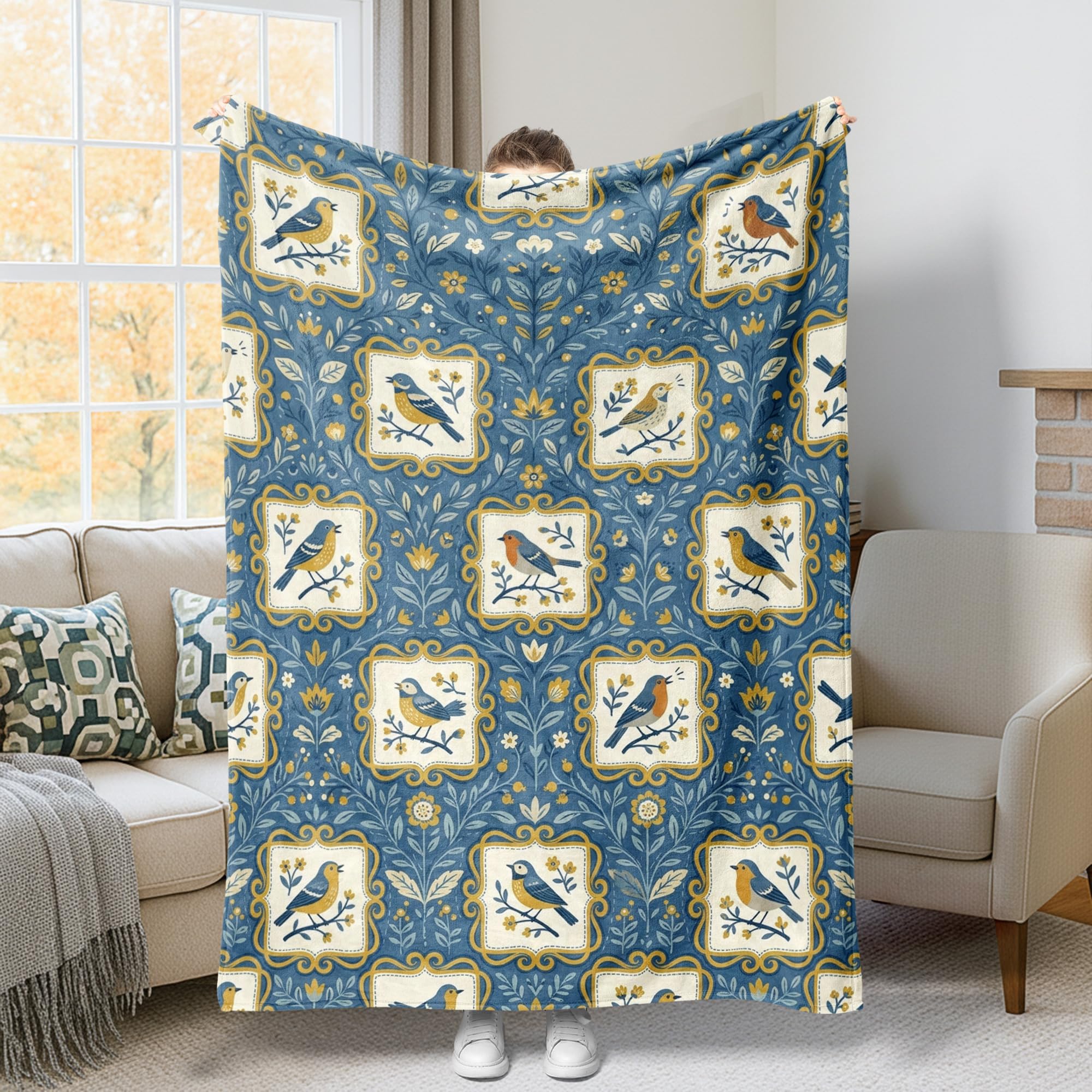 Couverture oiseaux vintage bleu automne pour sublimer votre canapé