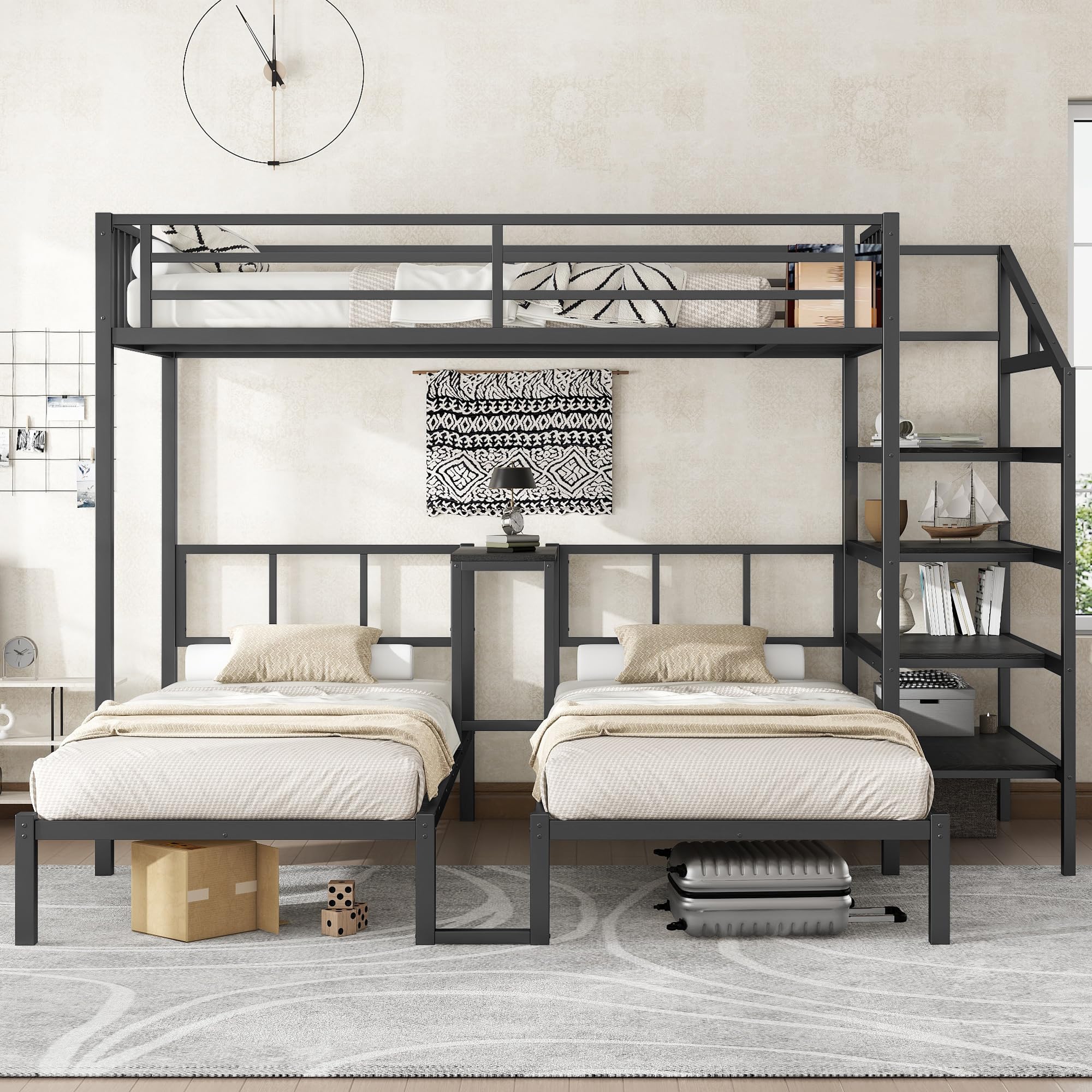 Twin Over Twin Over Twin Bunk Bed for 3 Kids, Heavy Duty Triple Bunk Beds with Storage Stairs, Desk and Guardrails, Noise Free Design Triple Bed Frame, Black