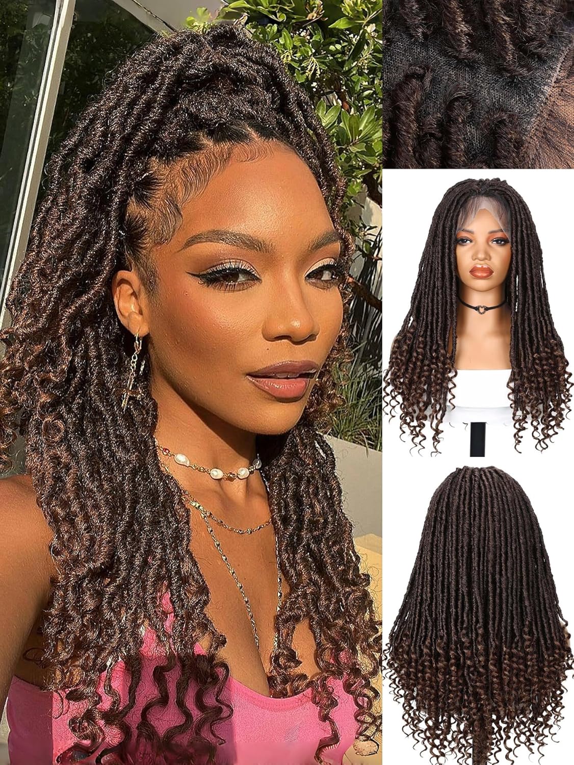 Full Double Lace Wig Brown Goddess Locs Wig with Curly End 20 Inch Bohemian Faux Locs Lace Frontal Wig with Baby Hair Synthetic Dreadlock Twist Braid Wig for Black Women Natural Hairstyle(1B30)