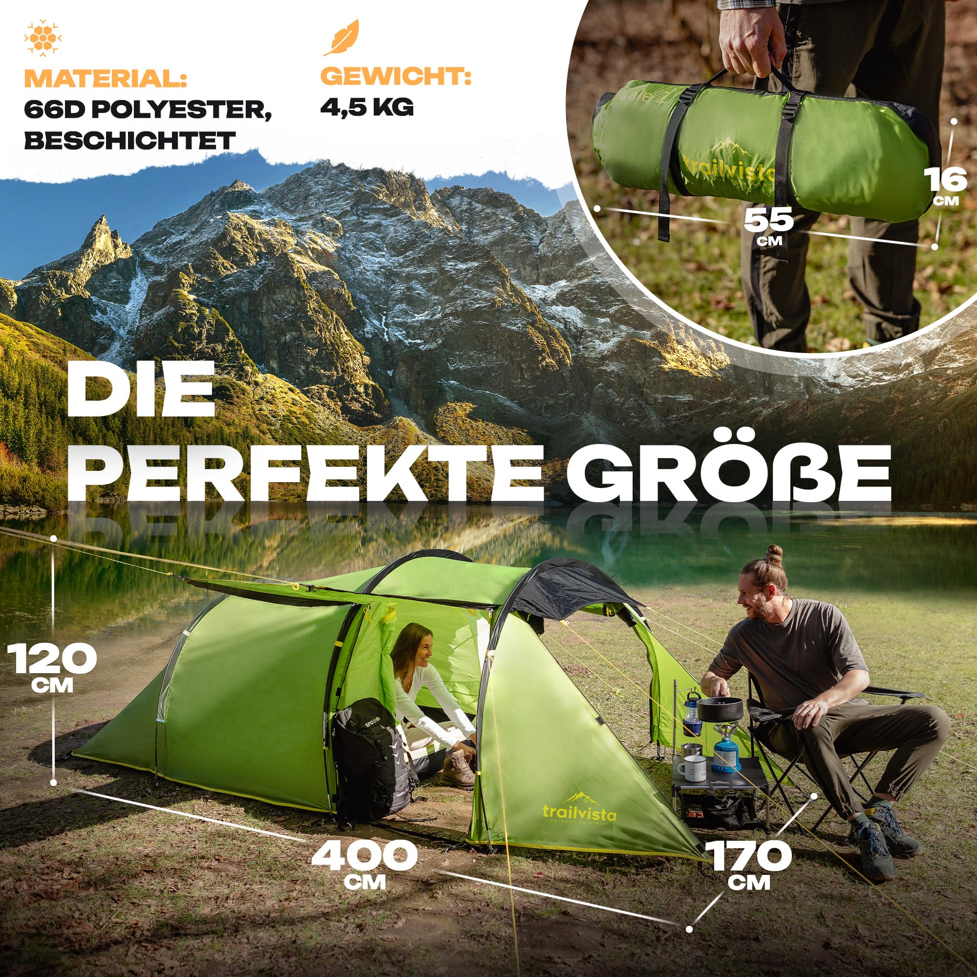 Tienda de campaña impermeable para 2 y 4 personas, tienda de campaña tipo túnel con toldo y protección contra mosquitos, tienda de campaña familiar ligera y estable, montaje rápido, tienda