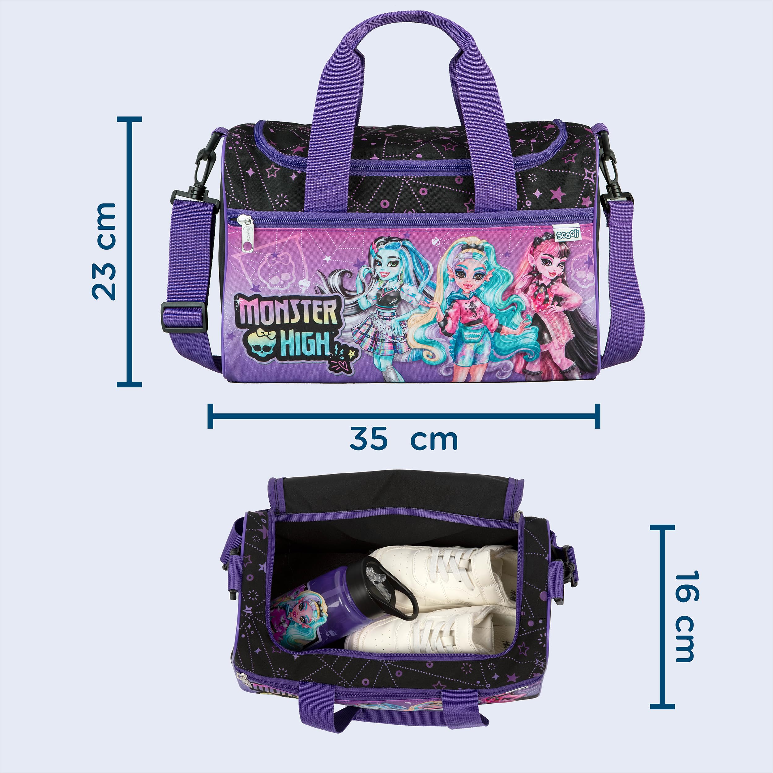 Scooli - Borsa sportiva Monster High per bambini - 23 x 35 x 16 cm - scomparto principale spazioso - tracolla regolabile - accessori per la scuola - borsa a tracolla