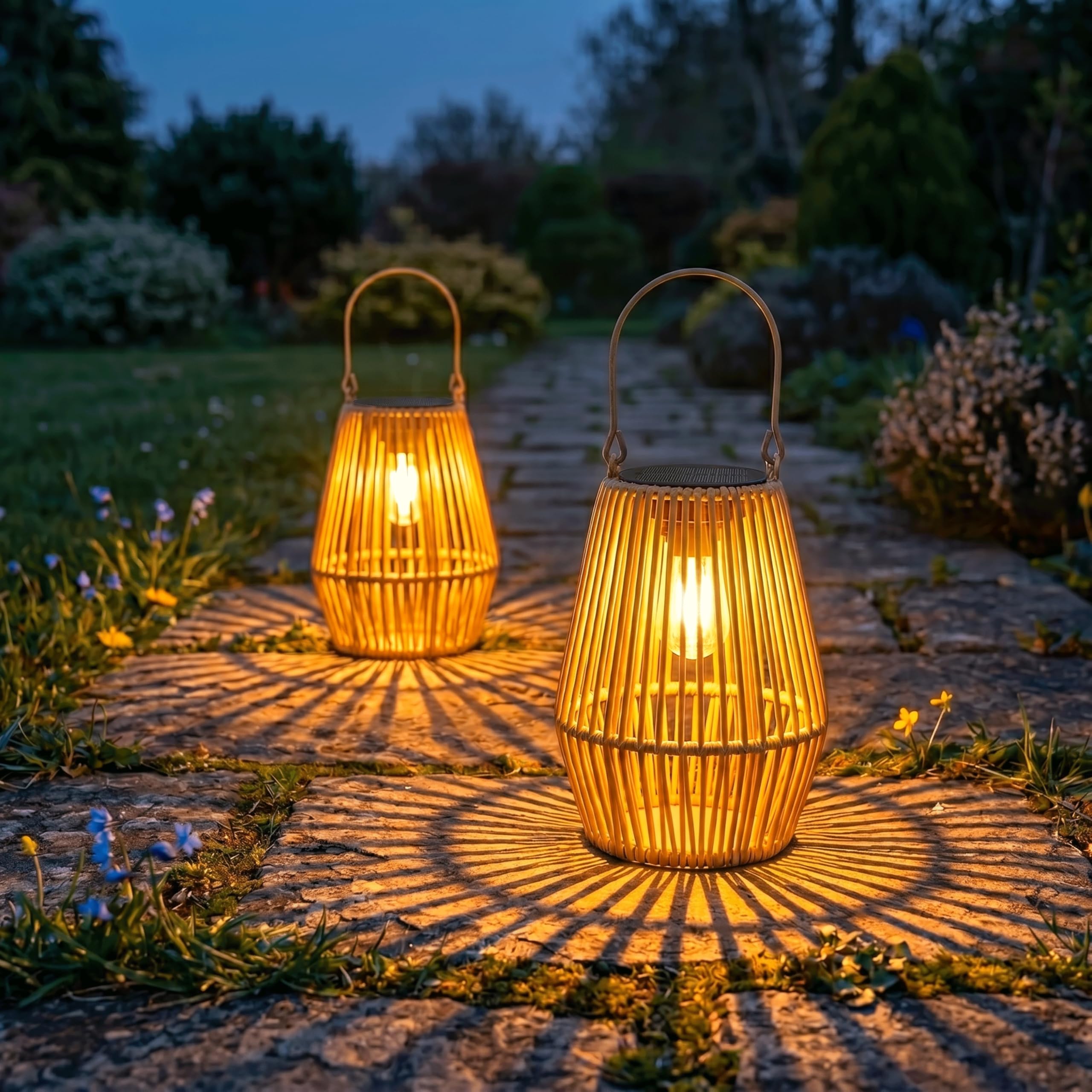 2 Pack Solar Lanterns for Outside, Woven Rattan Outdoor Lanterns, IP65 Waterproof Decoration Ornament Garden Lights, Hanging Solar Lights for Outside Patio Balcony Outdoor, Garden Gifts for Women Mum