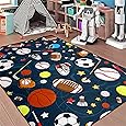 Sports Balls Rug for Bedroom - Black Balls Rug for Boys Kids Room Sports Carpet Rugs, 3'×5'