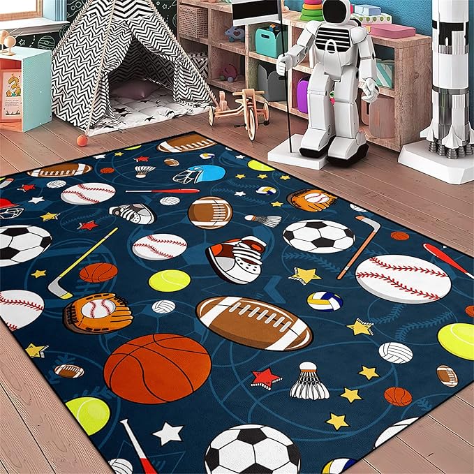 Amazon.com: kodhyvj Navy Blue Sport Rugs Boys Rugs for Bedroom Kids Rug Balls with Soccer Ball ...