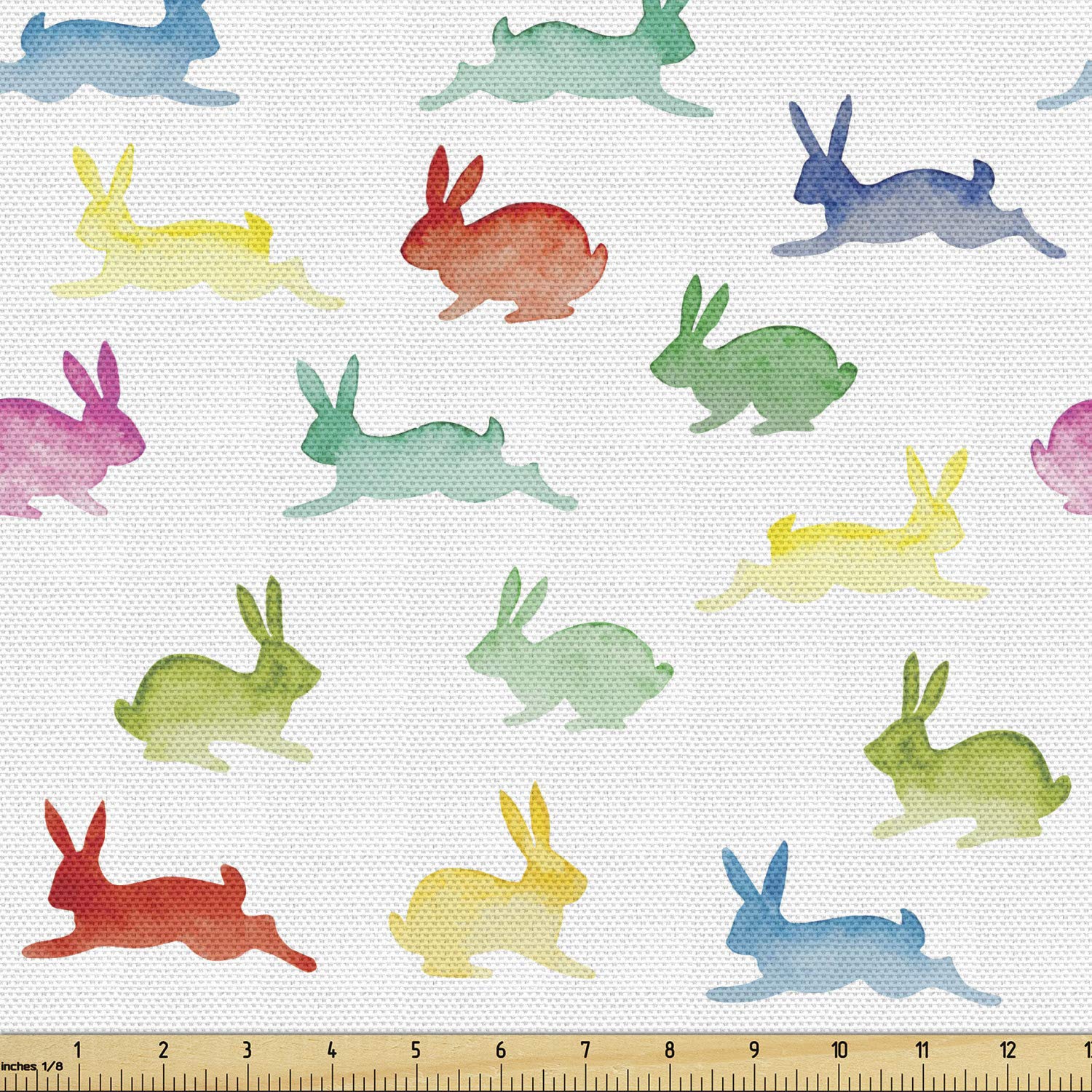 Lunarable Paint Fabric by The Yard, Rabbits in Different Poses Jumping Running Bunnies Happy Easter Paintbrush Art, Decorative Fabric for Upholstery and Home Accents, 5 Yards, Green Red