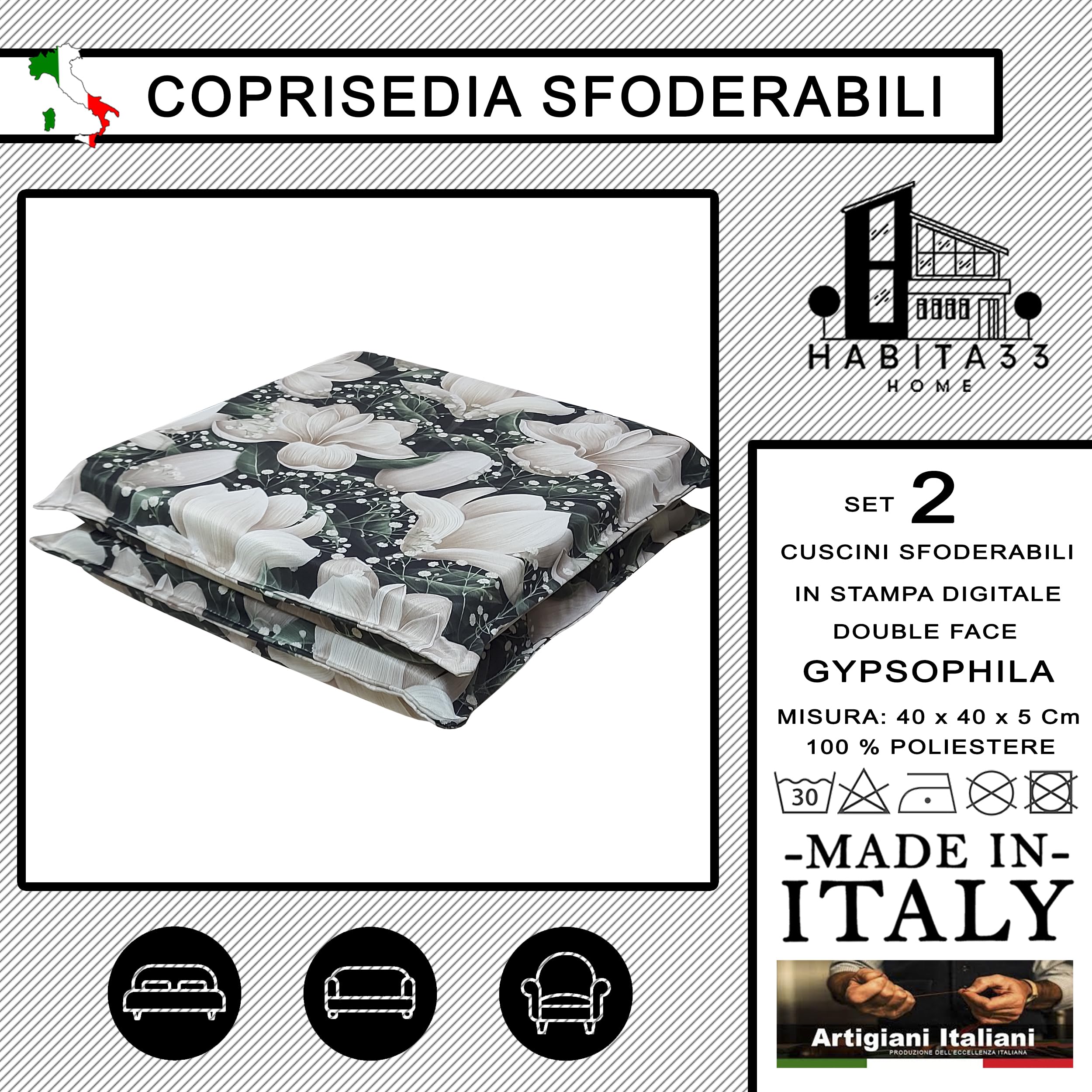 Cuscini Per Sedie Da Cucina Set 6 Pezzi - 40x40x5cm, Sfoderabili, Con Laccetti, Stampa Ventagli - Foto 10