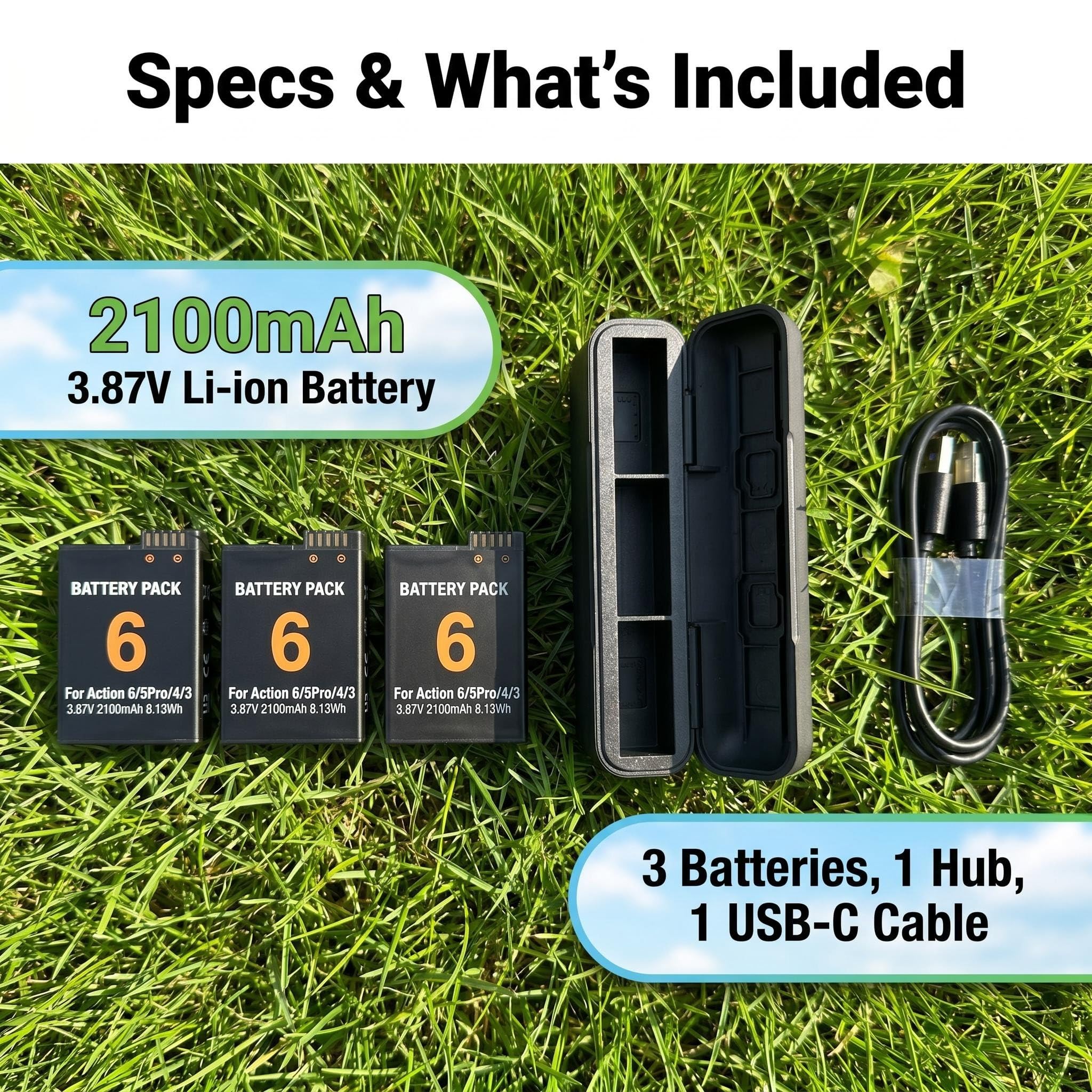 3er-Pack Akku-Pack mit 3-Fach-Ladegerät für DJI Osmo Action 6/5 Pro/4/3 und Osmo 360 3,87 V 2100 mAh Wiederaufladbare Li-Ion Ersatzakku für Action-Kamera