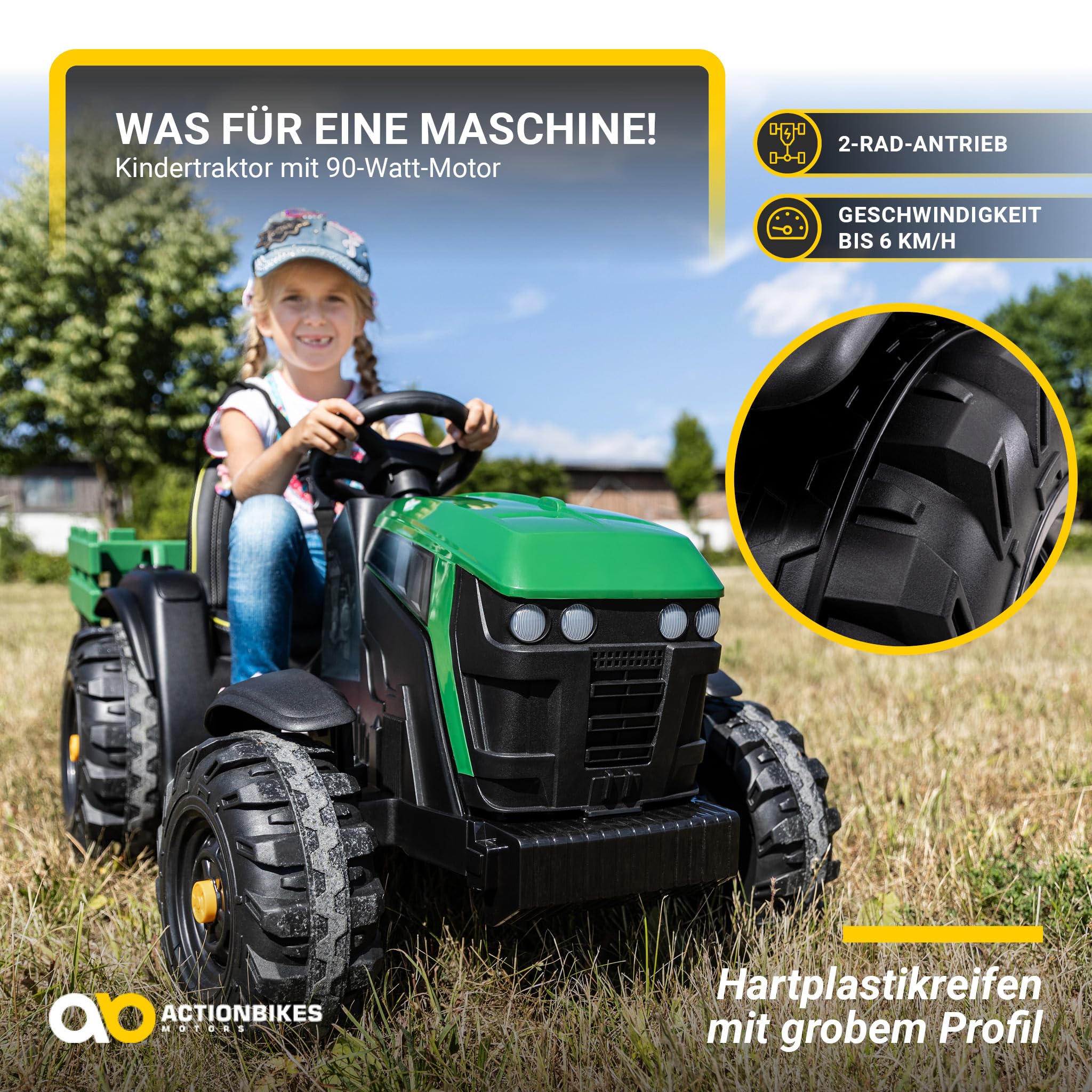Actionbikes Motors Kinder Elektroauto TD925 | Fernbedienung mit First Funktion - Kinderauto elektrisch - Traktor mit Anhänger - Bulldog - Kindertraktor - Elektro Traktor ab 3 Jahre (Grün/Schwarz)
