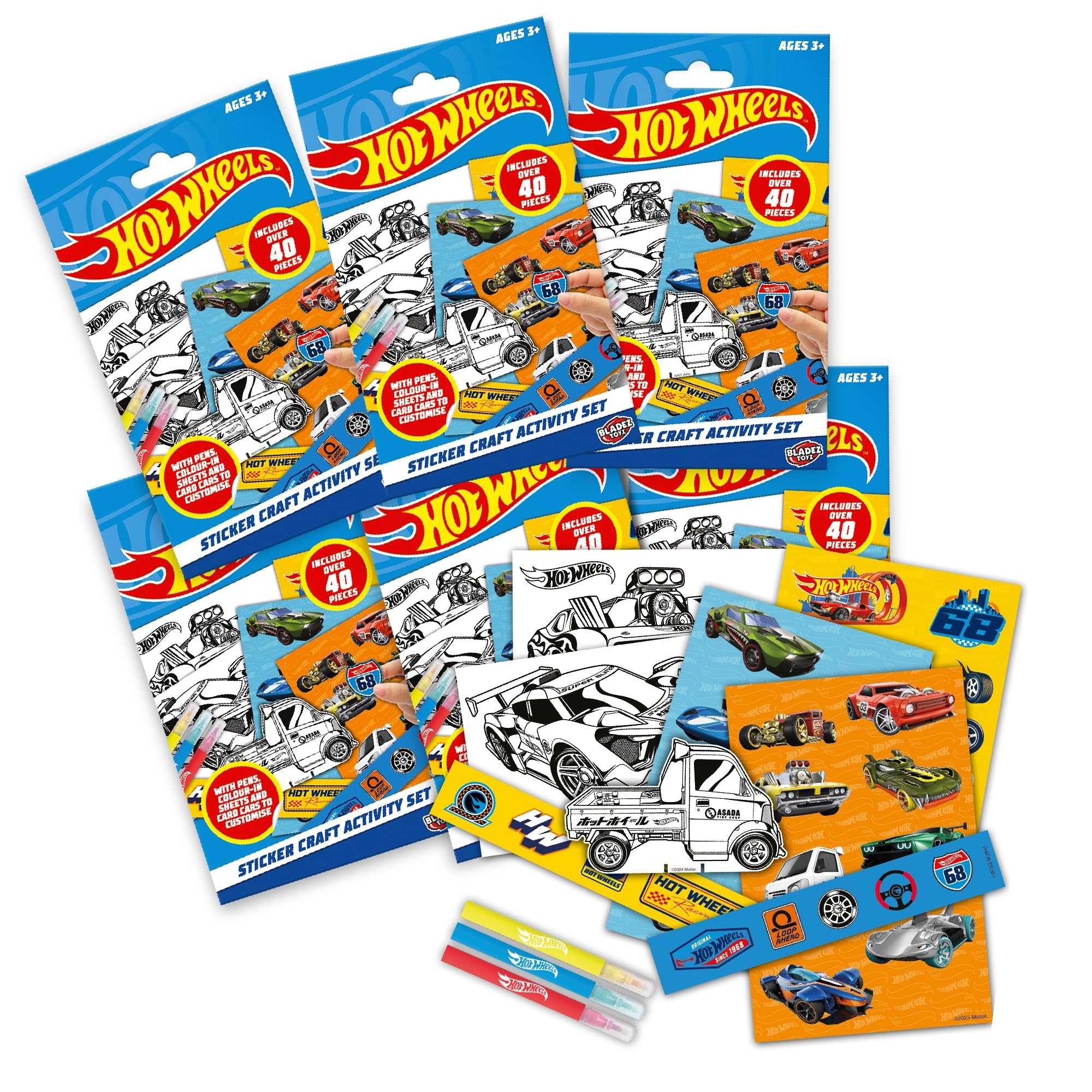 BLADEZ Hot Wheels Toyz Craft Activity Set - Hotwheels Creative Fun with Stickers & Colouring - Mini Card Scene & Pens - Perfect Kids Stickers For Party Bags - 6 Pack