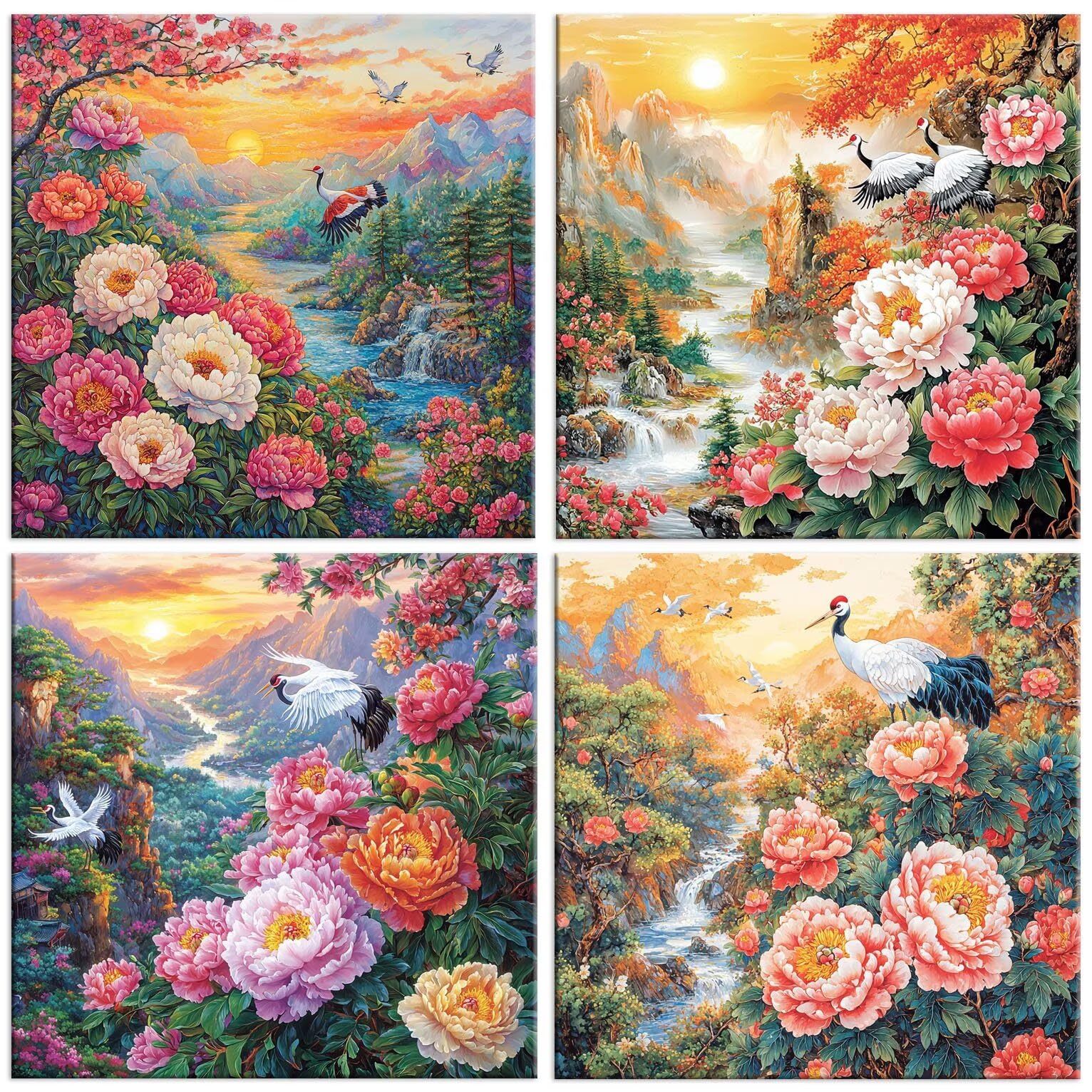 5D Diamond Painting Peonienblumen Kran, Diamant Malerei 50x50cm w-585 | 4 Pack Diamond Painings Erwachsene, 5D DIY Diamant Malerei Mosaikherstellung für Relaxation and as a Wall Deko Geschenk